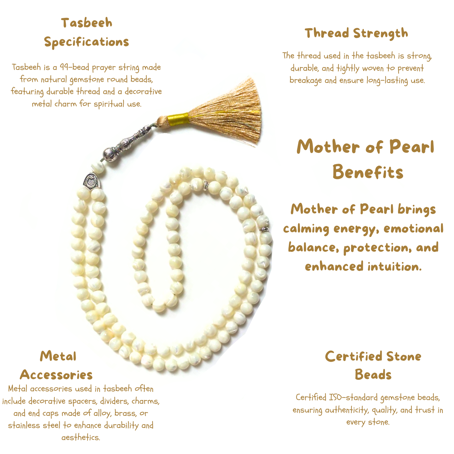 Mother of Pearl Tasbih 8MM – 99+1 Beads | 100% Natural Certified Handmade Stone Tasbih image 3