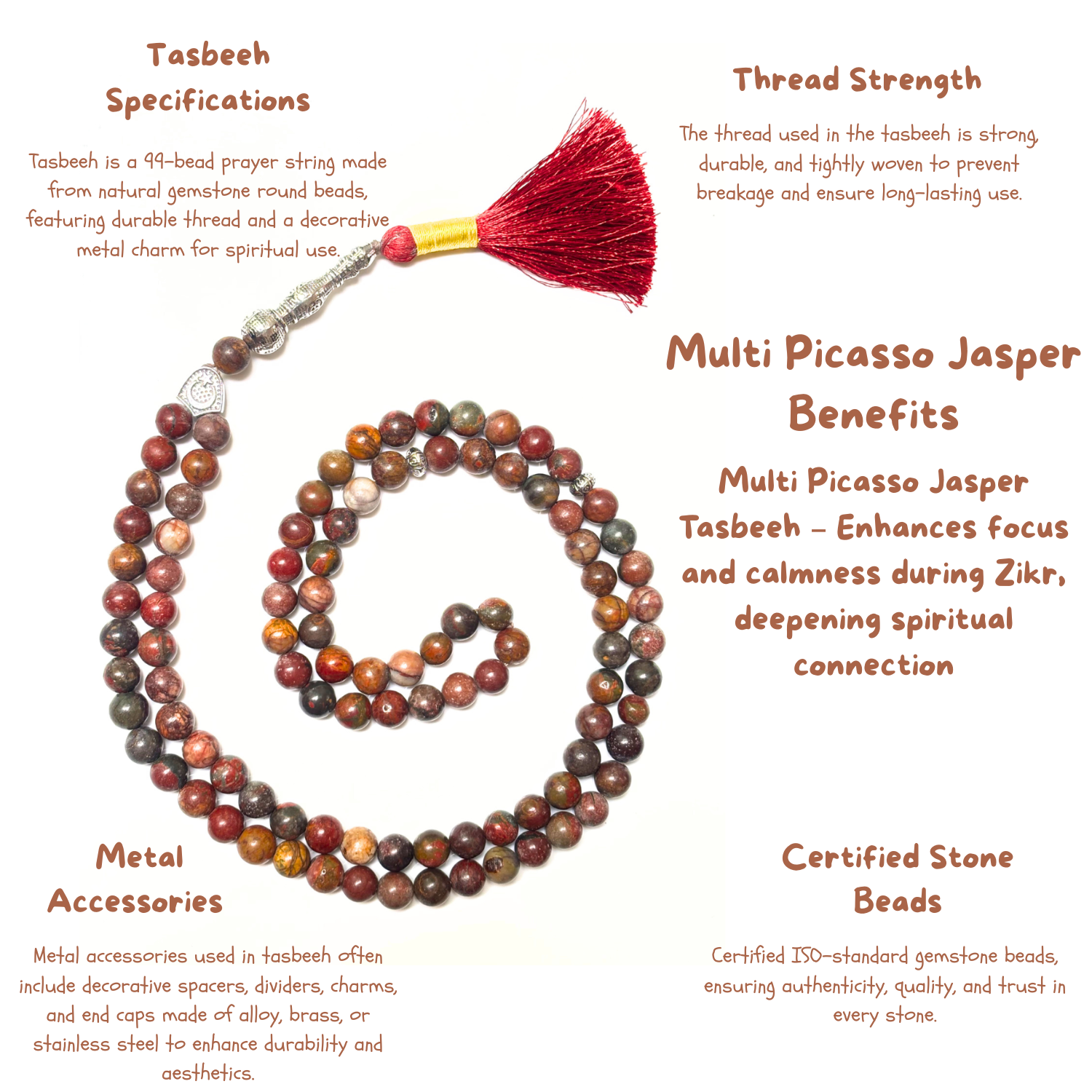 Multi Picasso Jasper Tasbih 8MM – 99+1 Beads | 100% Natural Certified Handmade Stone Tasbih image 3