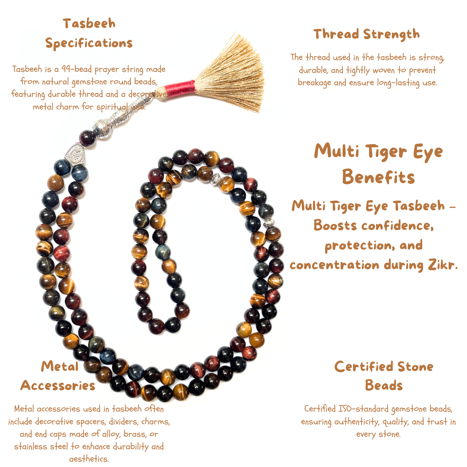 Multi Tiger Eye Tasbih 8MM – 99+1 Beads | 100% Natural Certified Handmade Stone Tasbih image 3