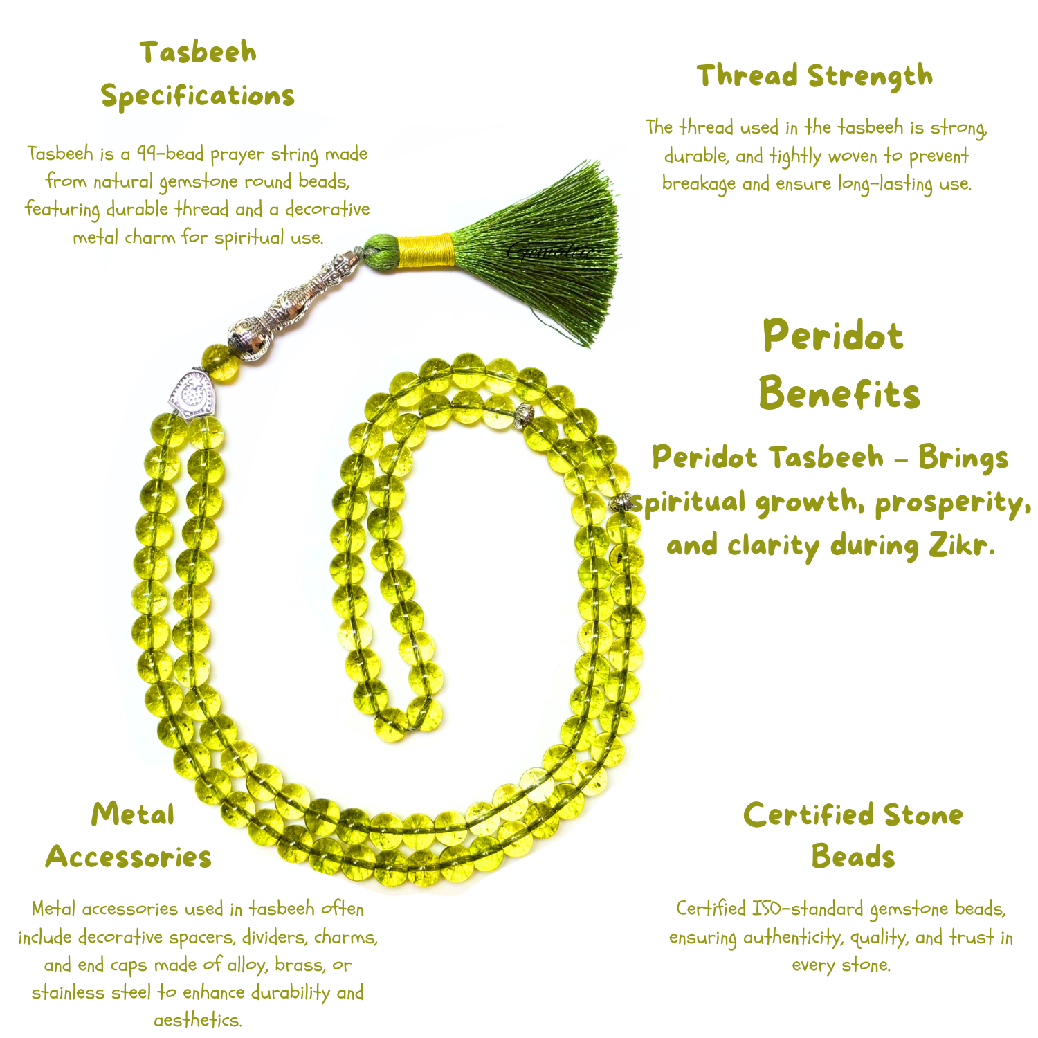 Peridot Tasbih 8MM – 99+1 Beads | 100% Natural Certified Handmade Stone Tasbih image 3