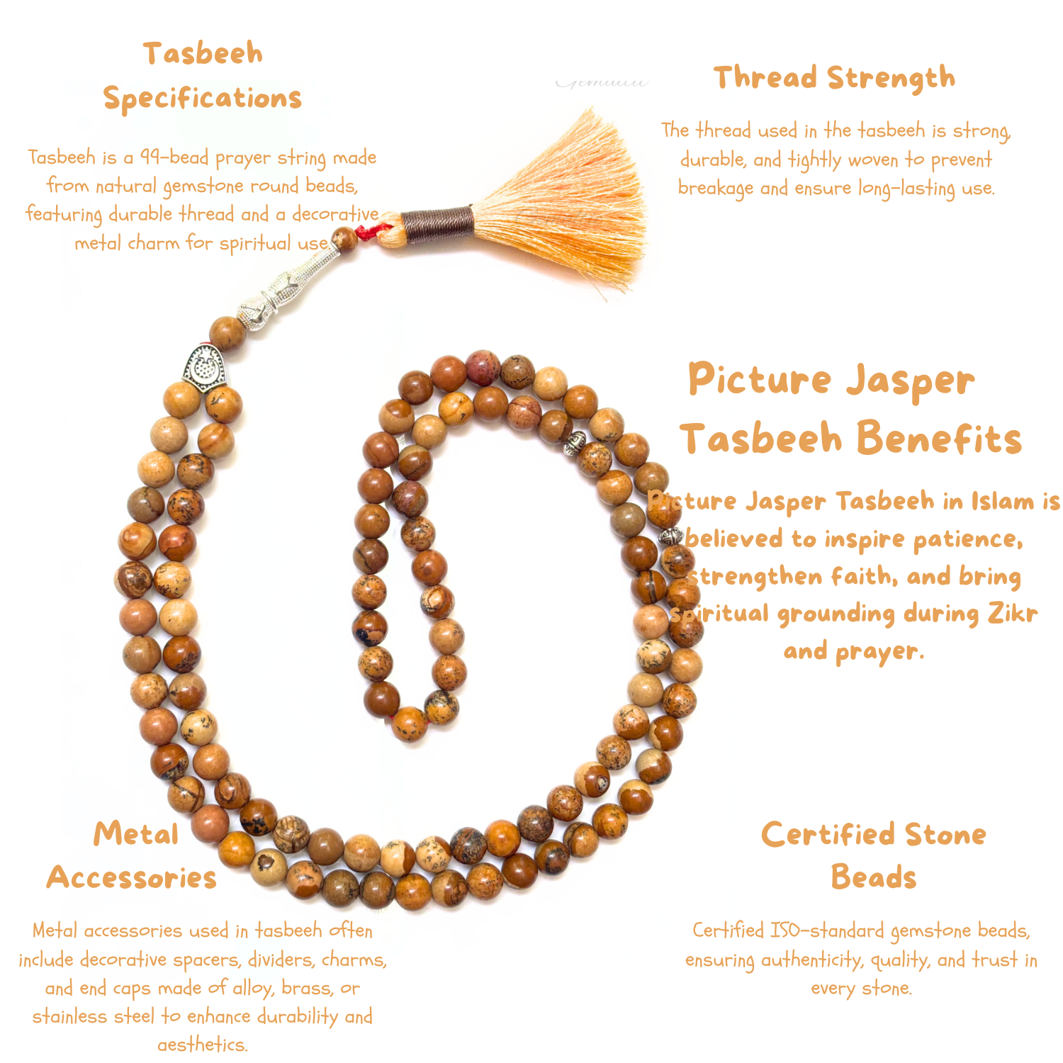 Picture Jasper Tasbih 8MM – 99+1 Beads | 100% Natural Certified Handmade Stone Tasbih image 3