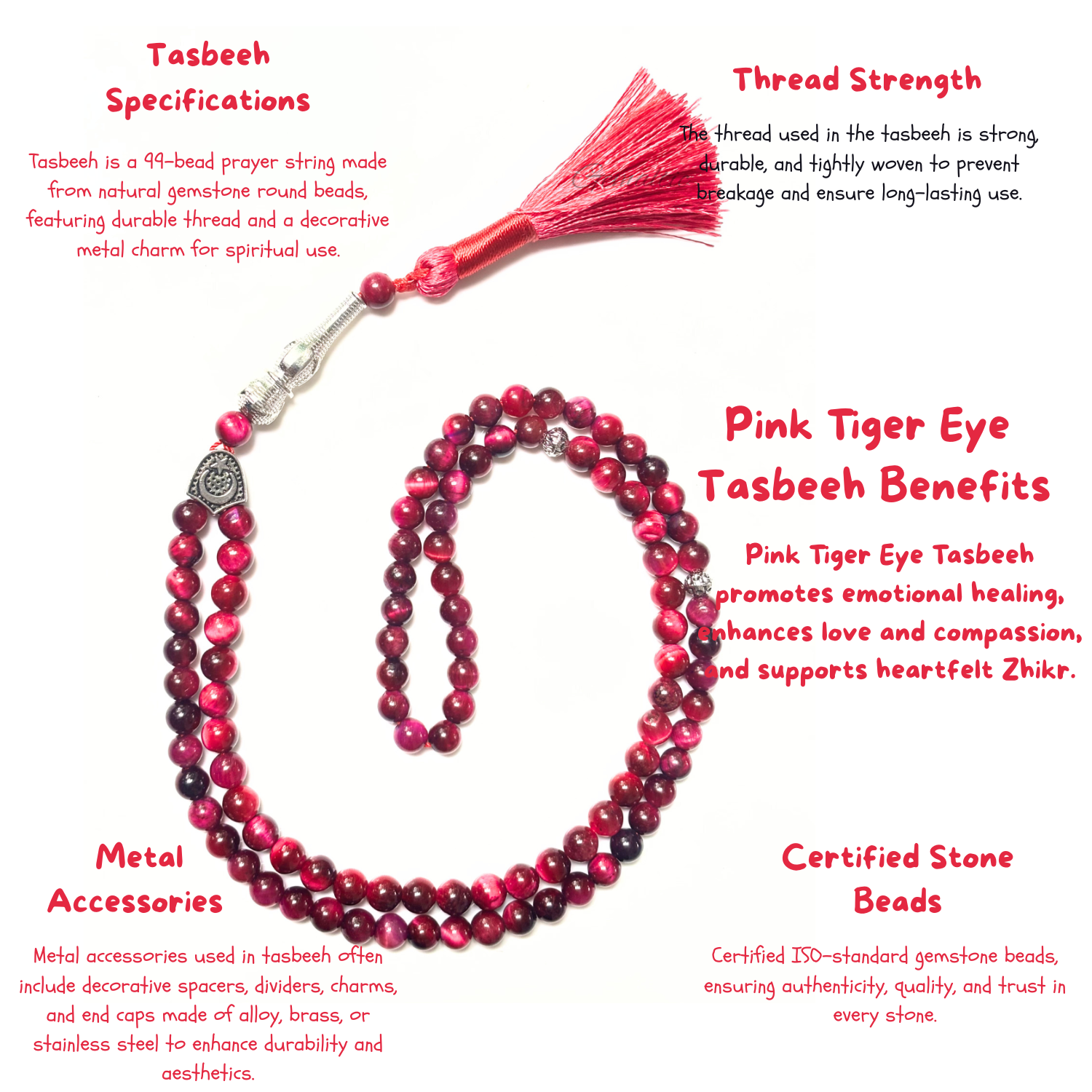 Pink Tiger Eye Tasbih 8MM – 99+1 Beads | 100% Natural Certified Handmade Stone Tasbih image 3