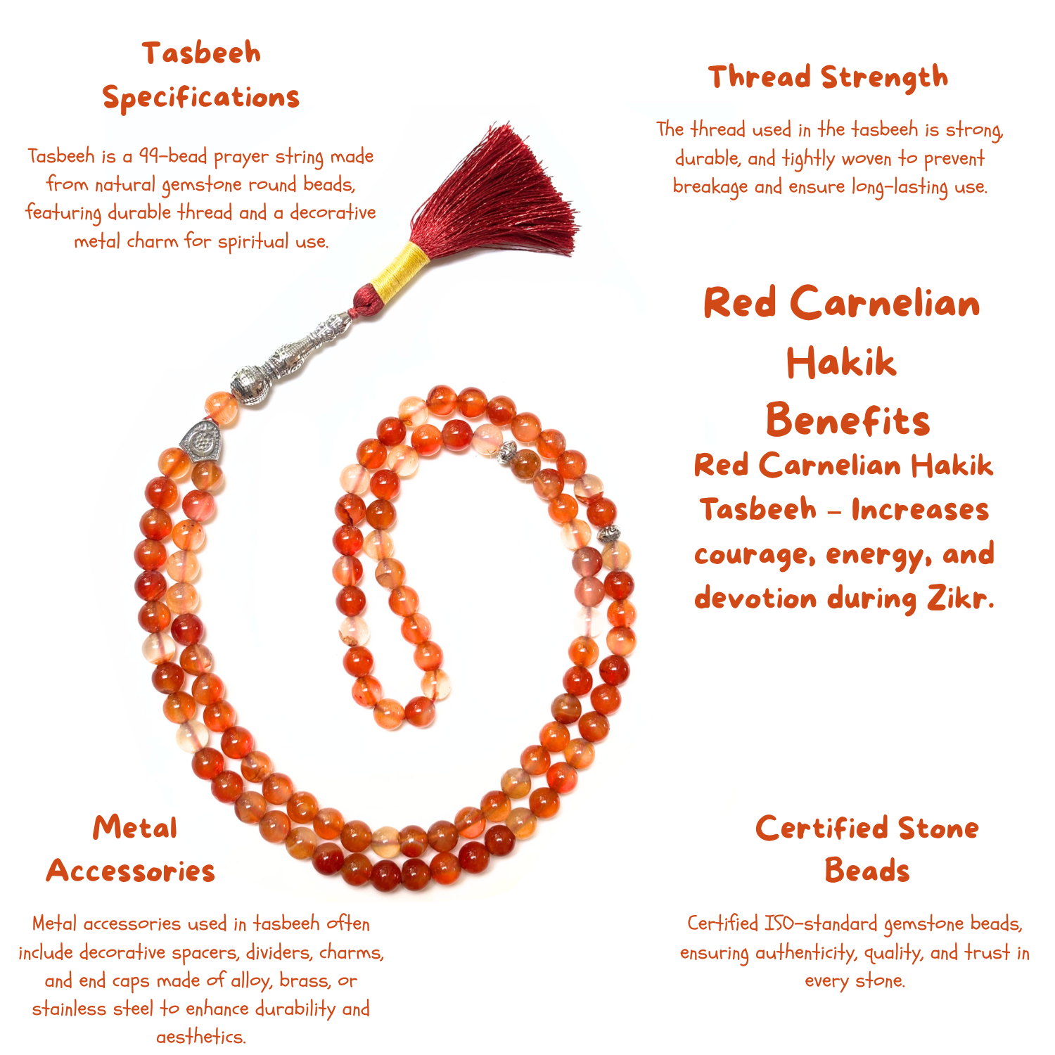 Red Carnelian Tasbih 8MM – 99+1 Beads | 100% Natural Certified Handmade Stone Tasbih image 3