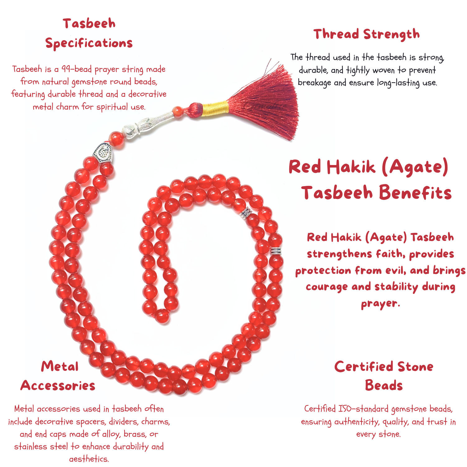 Red Hakik Tasbih 8MM – 99+1 Beads | 100% Natural Certified Handmade Stone Tasbih image 3