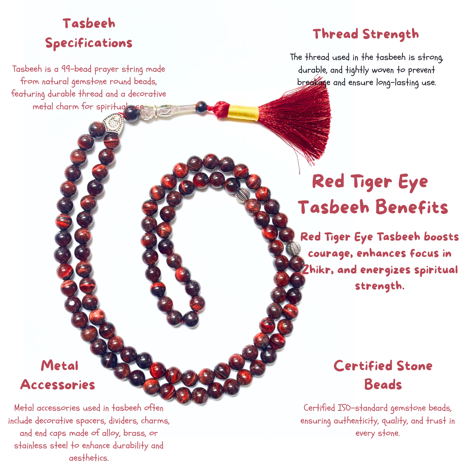 Red Tiger Eye Tasbih 8MM – 99+1 Beads | 100% Natural Certified Handmade Stone Tasbih image 3