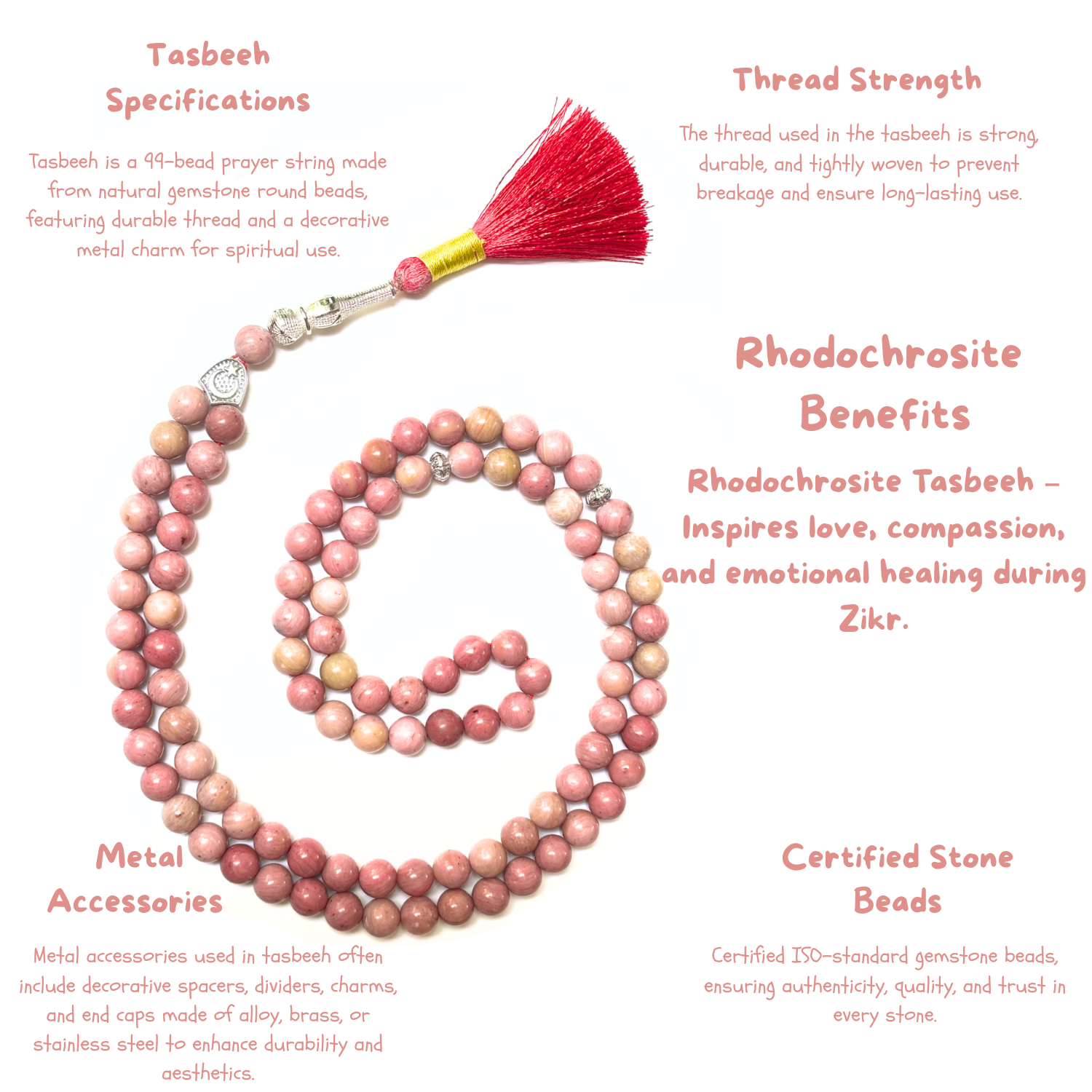 Rhodochrosite Tasbih 8MM – 99+1 Beads | 100% Natural Certified Handmade Stone Tasbih image 3