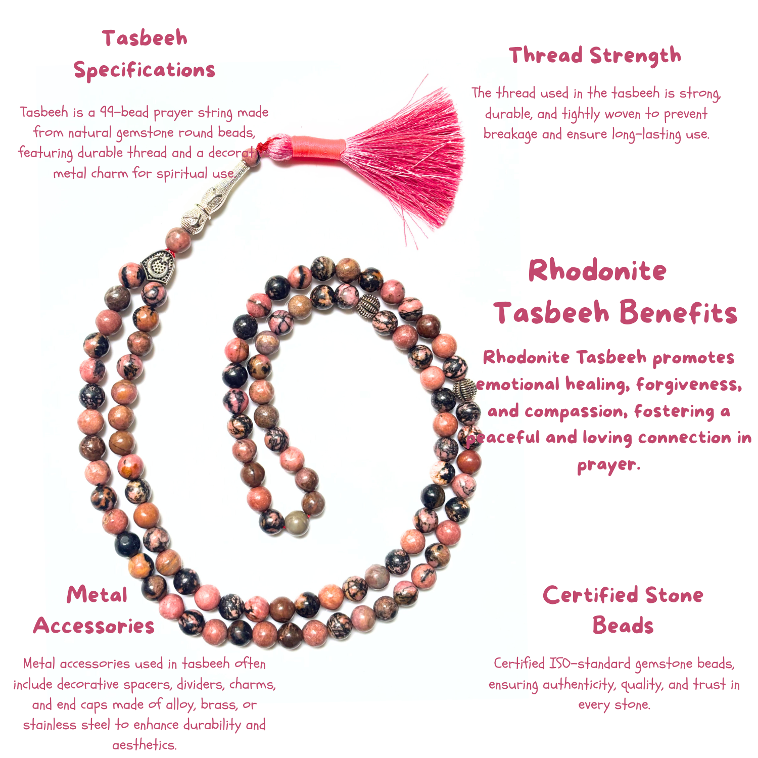 Rhodonite Tasbih 8MM – 99+1 Beads | 100% Natural Certified Handmade Stone Tasbih image 3