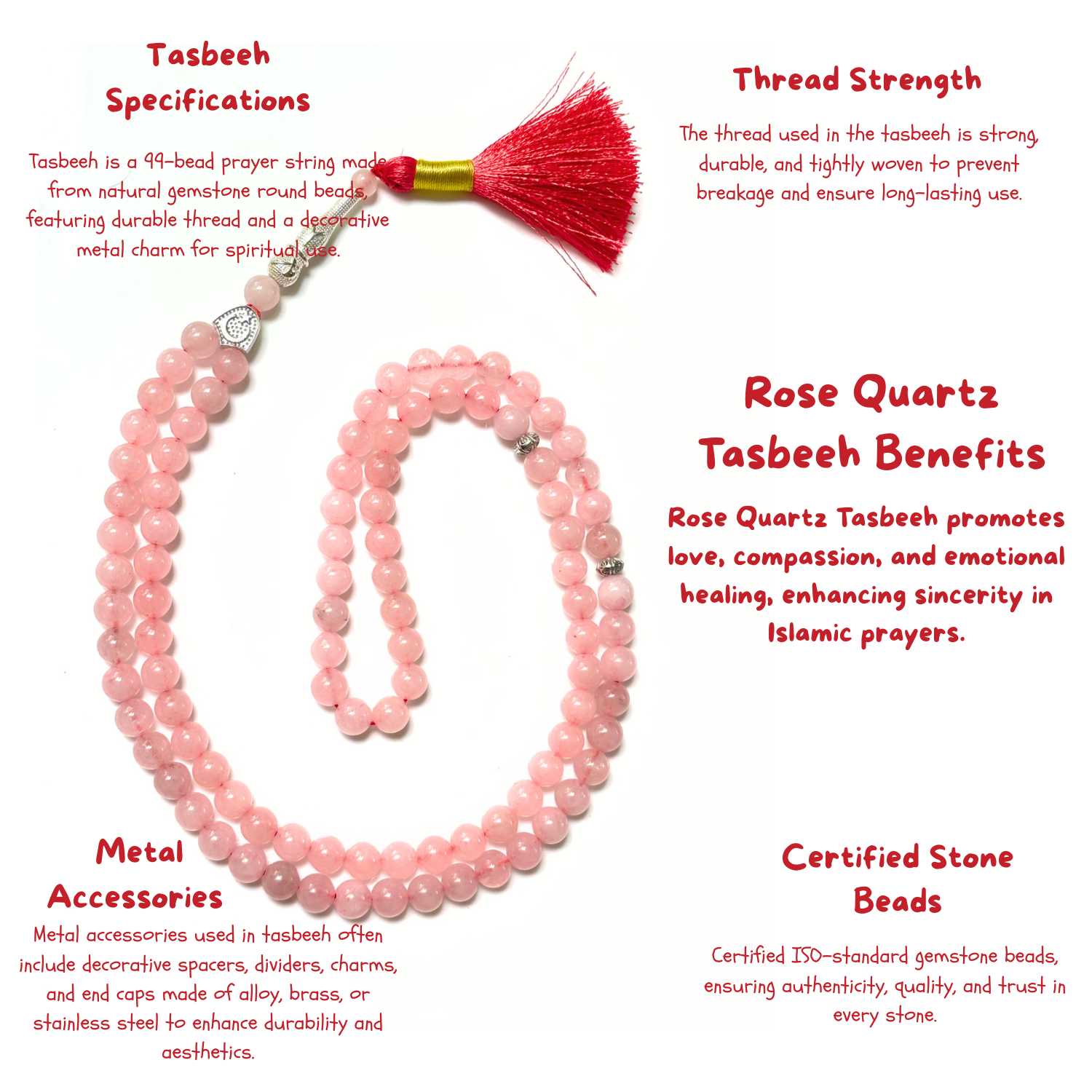 Rose Quartz Tasbih 8MM – 99+1 Beads | 100% Natural Certified Handmade Stone Tasbih image 3