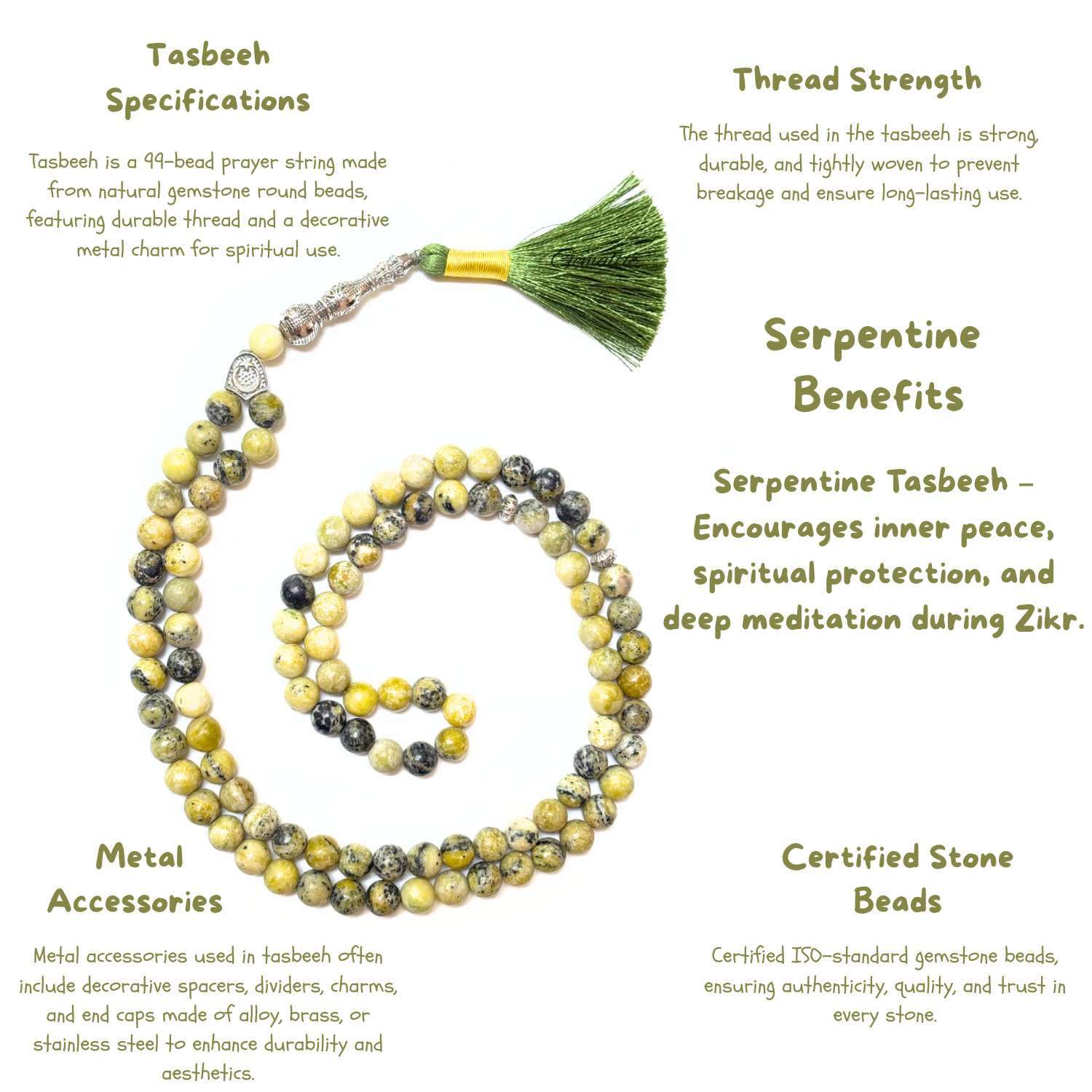 Serpentine Tasbih 8MM – 99+1 Beads | 100% Natural Certified Handmade Stone Tasbih image 3