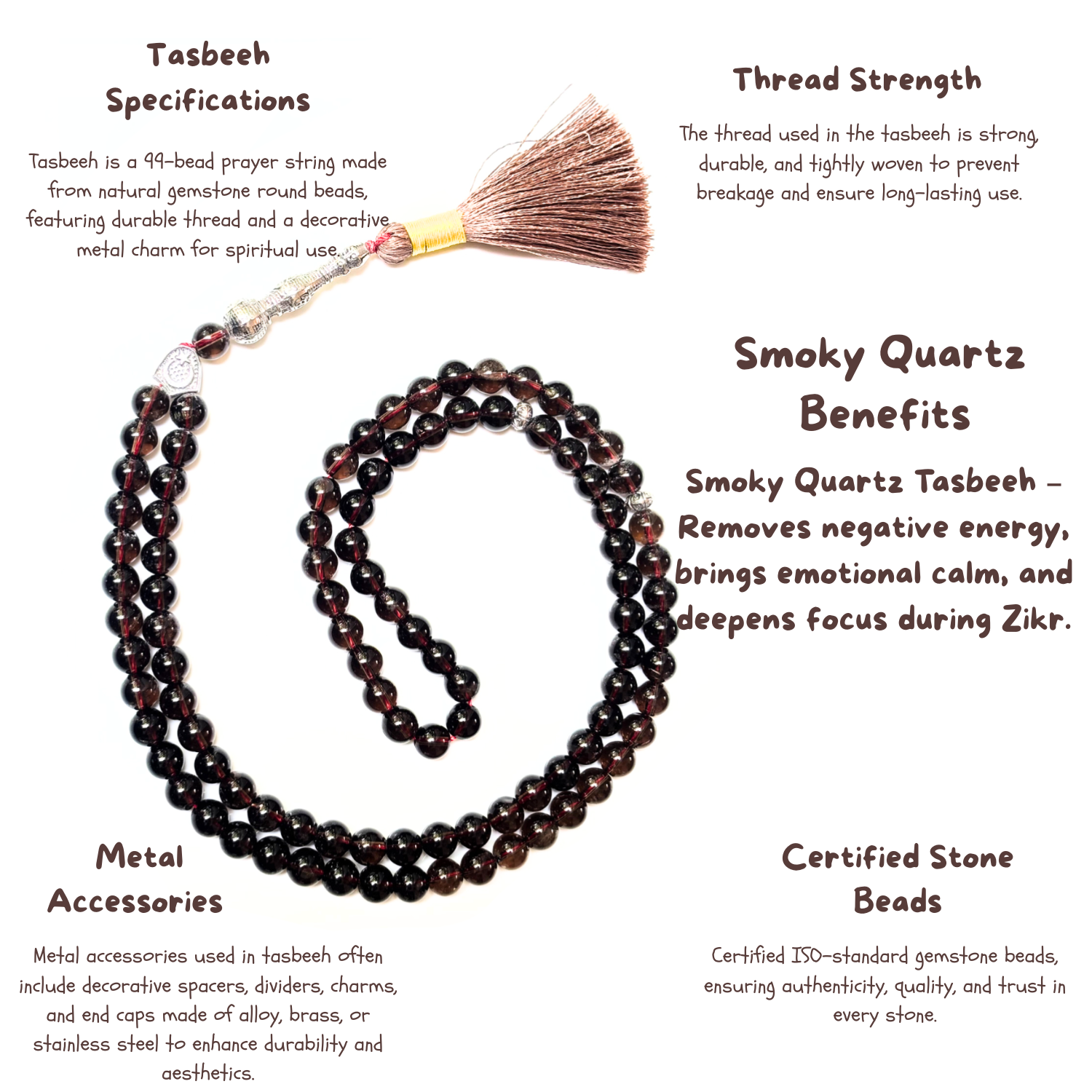 Smoky Quartz Tasbih 8MM – 99+1 Beads | 100% Natural Certified Handmade Stone Tasbih image 3