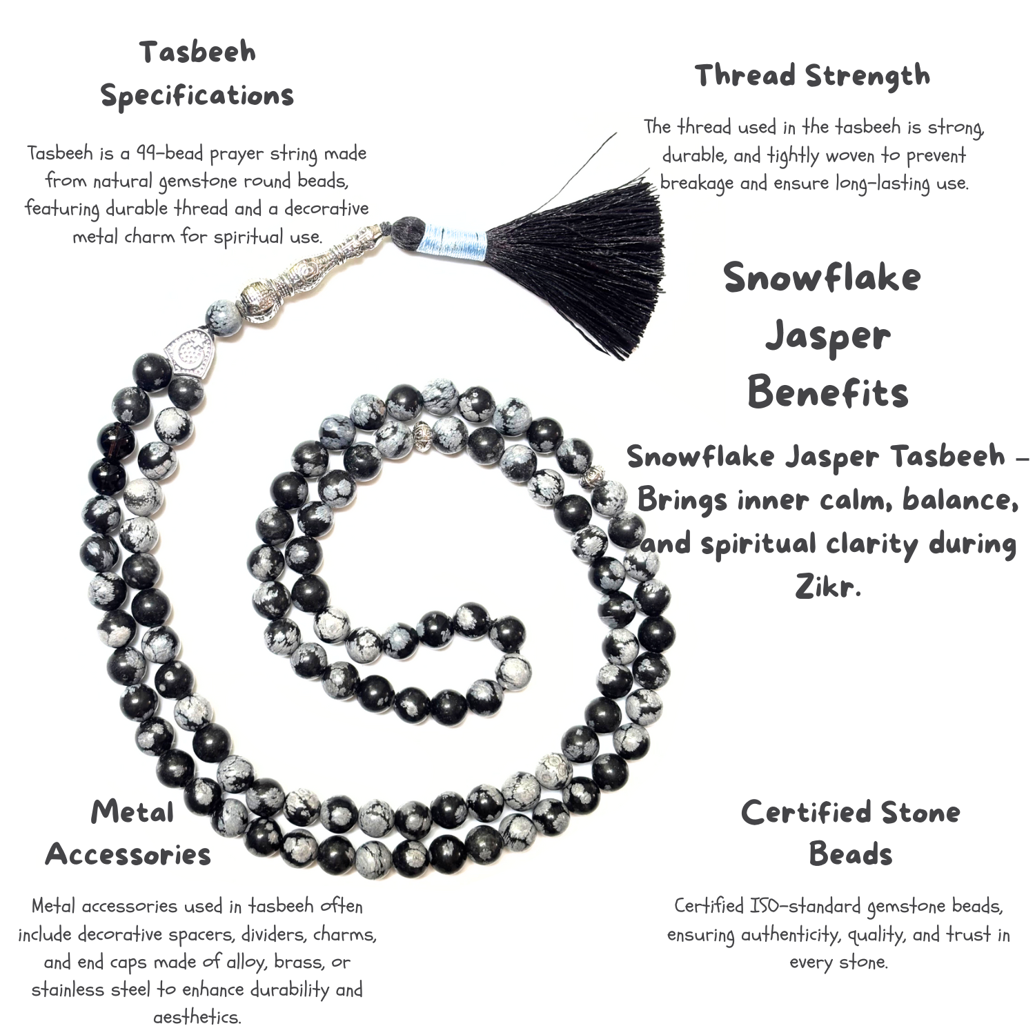 Snowflake Obsidian Tasbih 8MM – 99+1 Beads | 100% Natural Certified Handmade Stone Tasbih image 3