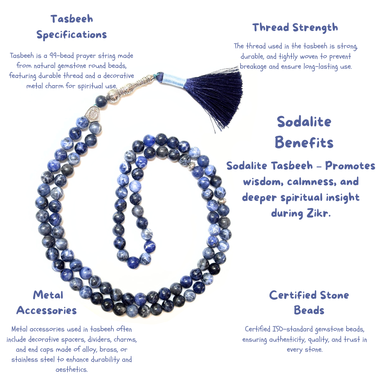 Sodalite Tasbih 8MM – 99+1 Beads | 100% Natural Certified Handmade Stone Tasbih image 3