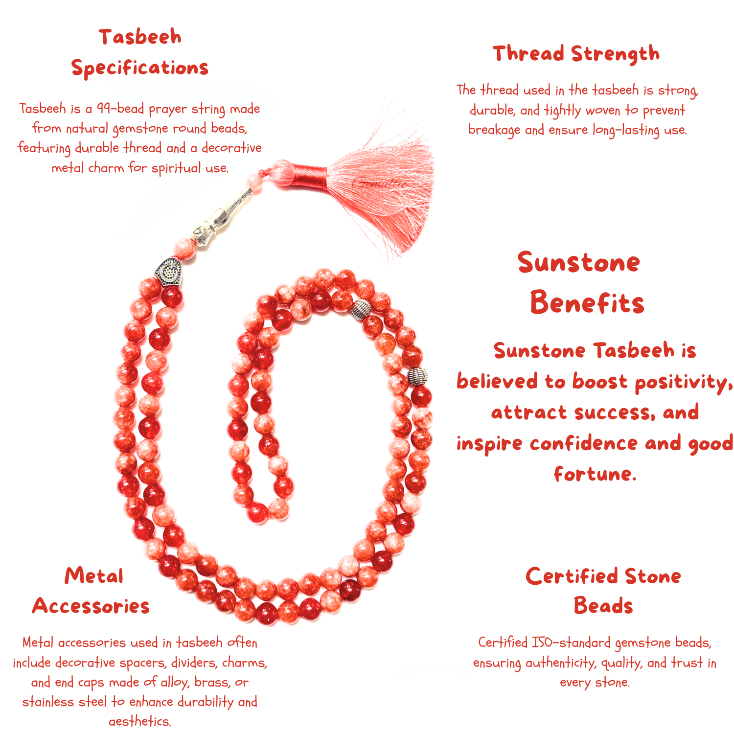 Sunstone Tasbih 8MM – 99+1 Beads | 100% Natural Certified Handmade Stone Tasbih image 3