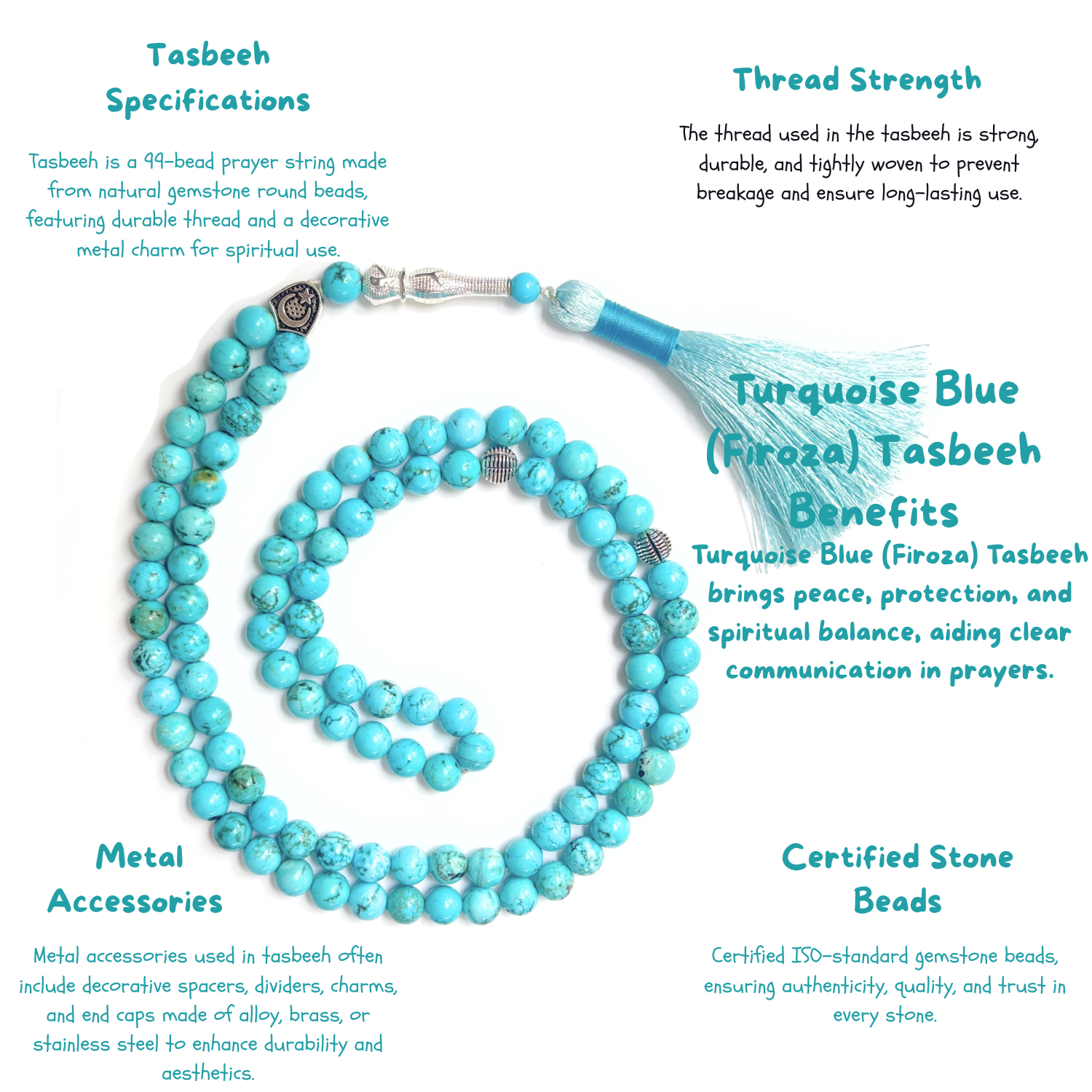 Turquoise Blue Tasbih 8MM – 99+1 Beads | 100% Natural Certified Handmade Stone Tasbih image 3