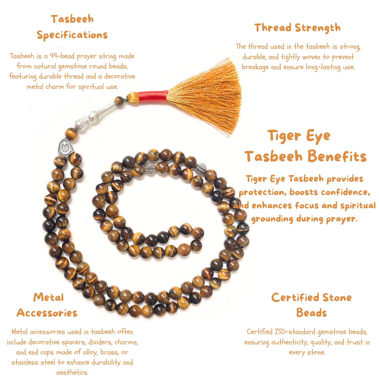 Tiger Eye Tasbih 8MM – 99+1 Beads | 100% Natural Certified Handmade Stone Tasbih image 3
