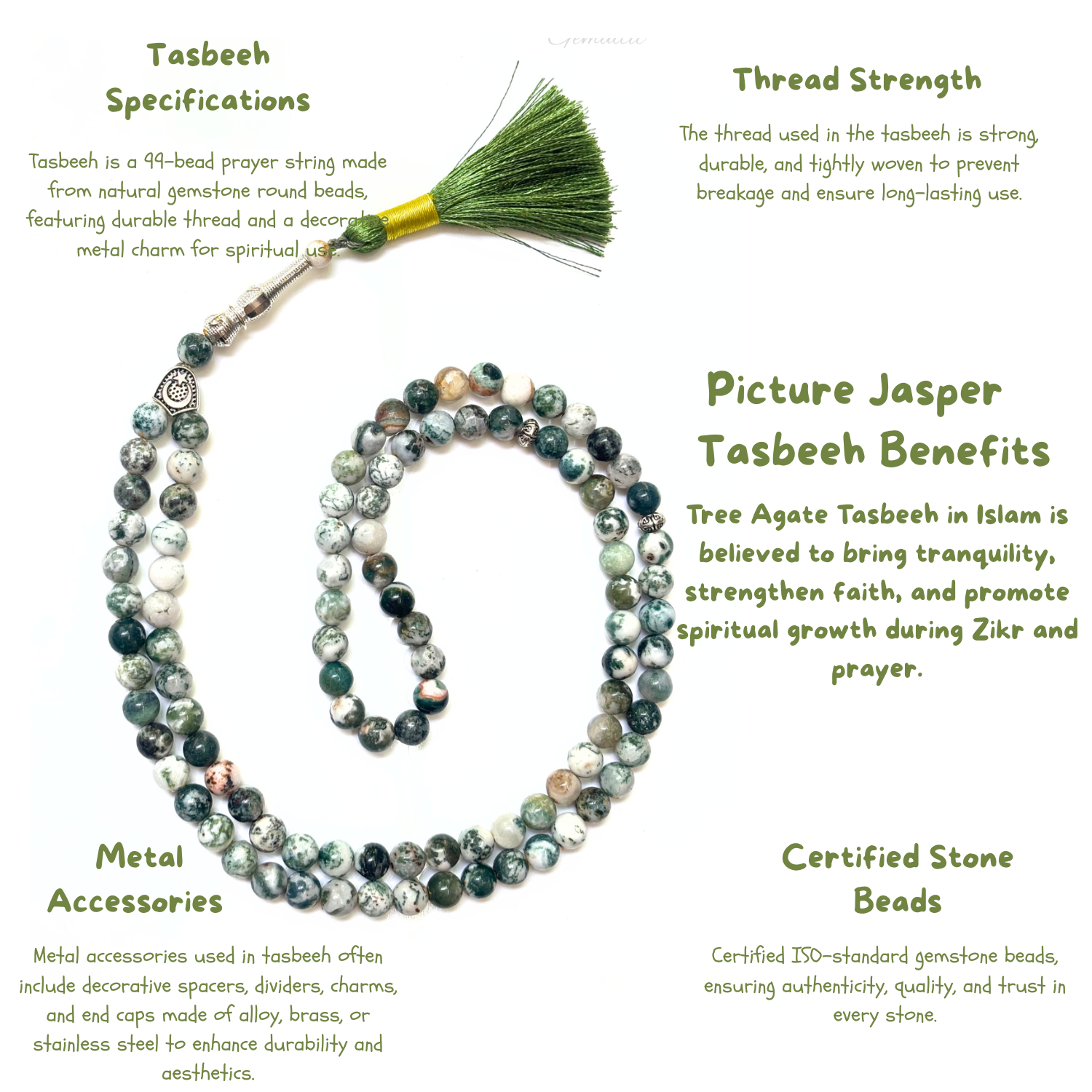 Tree Agate Tasbih 8MM – 99+1 Beads | 100% Natural Certified Handmade Stone Tasbih image 3