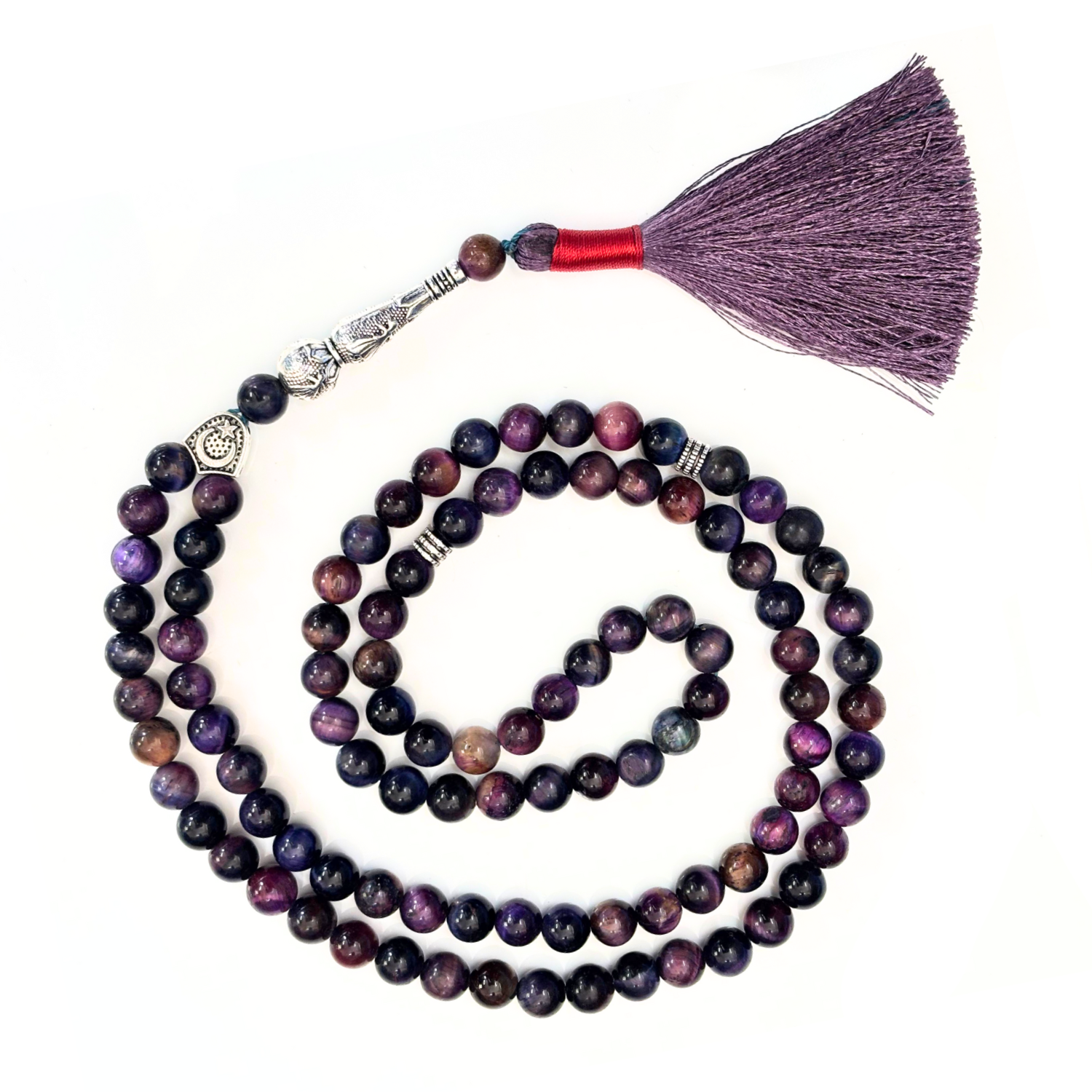 Violet Blue Tiger Eye Tasbih 8MM – 99+1 Beads | 100% Natural Certified Handmade Stone Tasbih