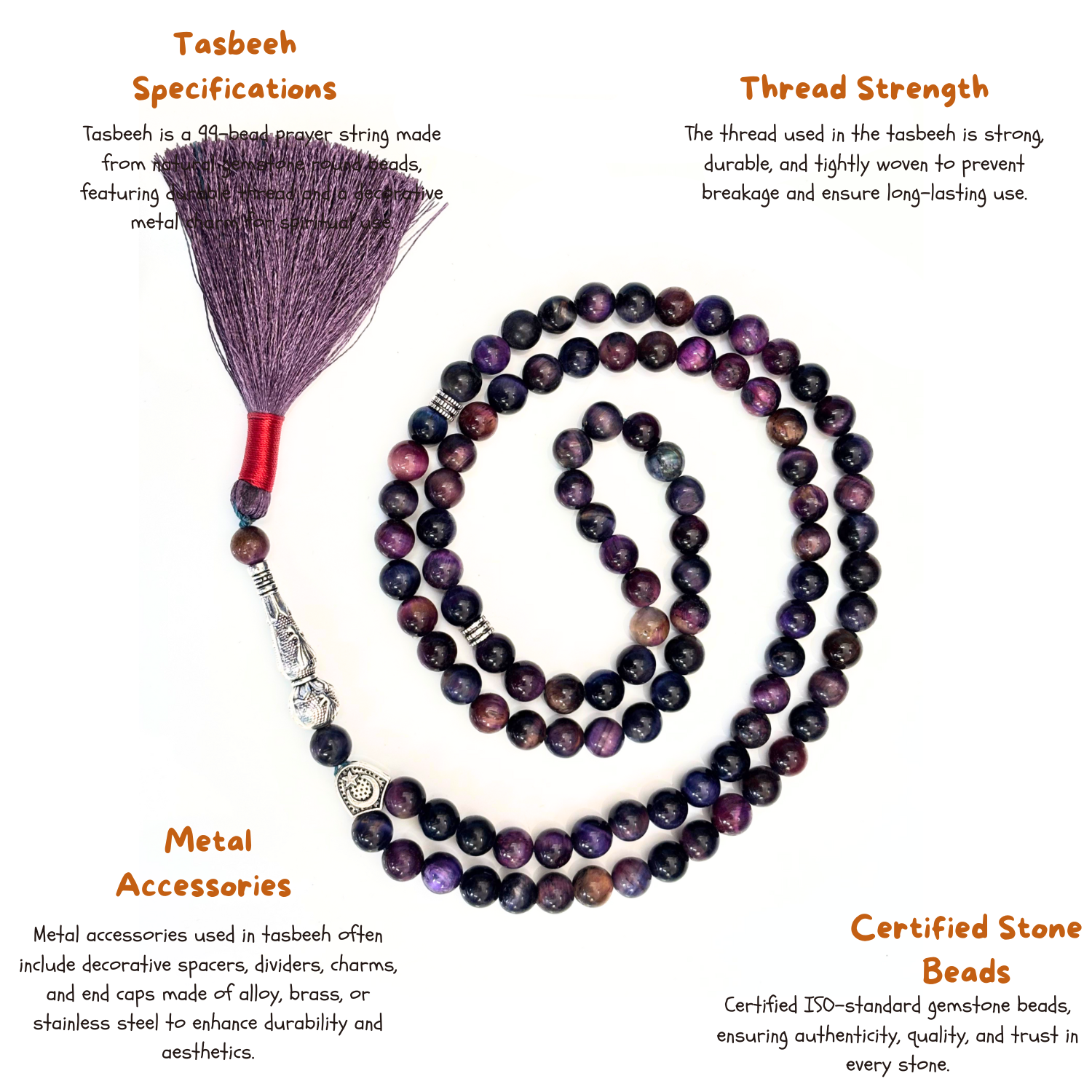 Violet Blue Tiger Eye Tasbih 8MM – 99+1 Beads | 100% Natural Certified Handmade Stone Tasbih image 3