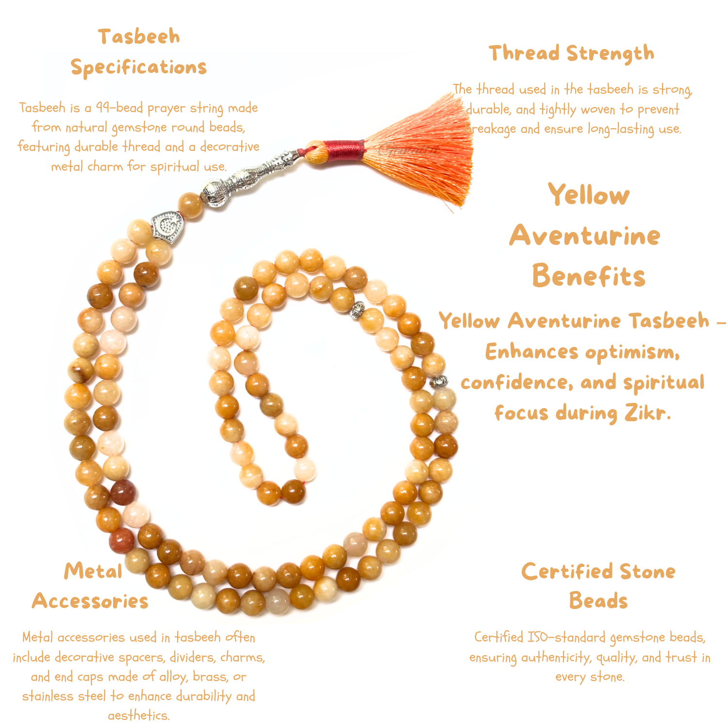Yellow Aventurine Tasbih 8MM – 99+1 Beads | 100% Natural Certified Handmade Stone Tasbih image 3