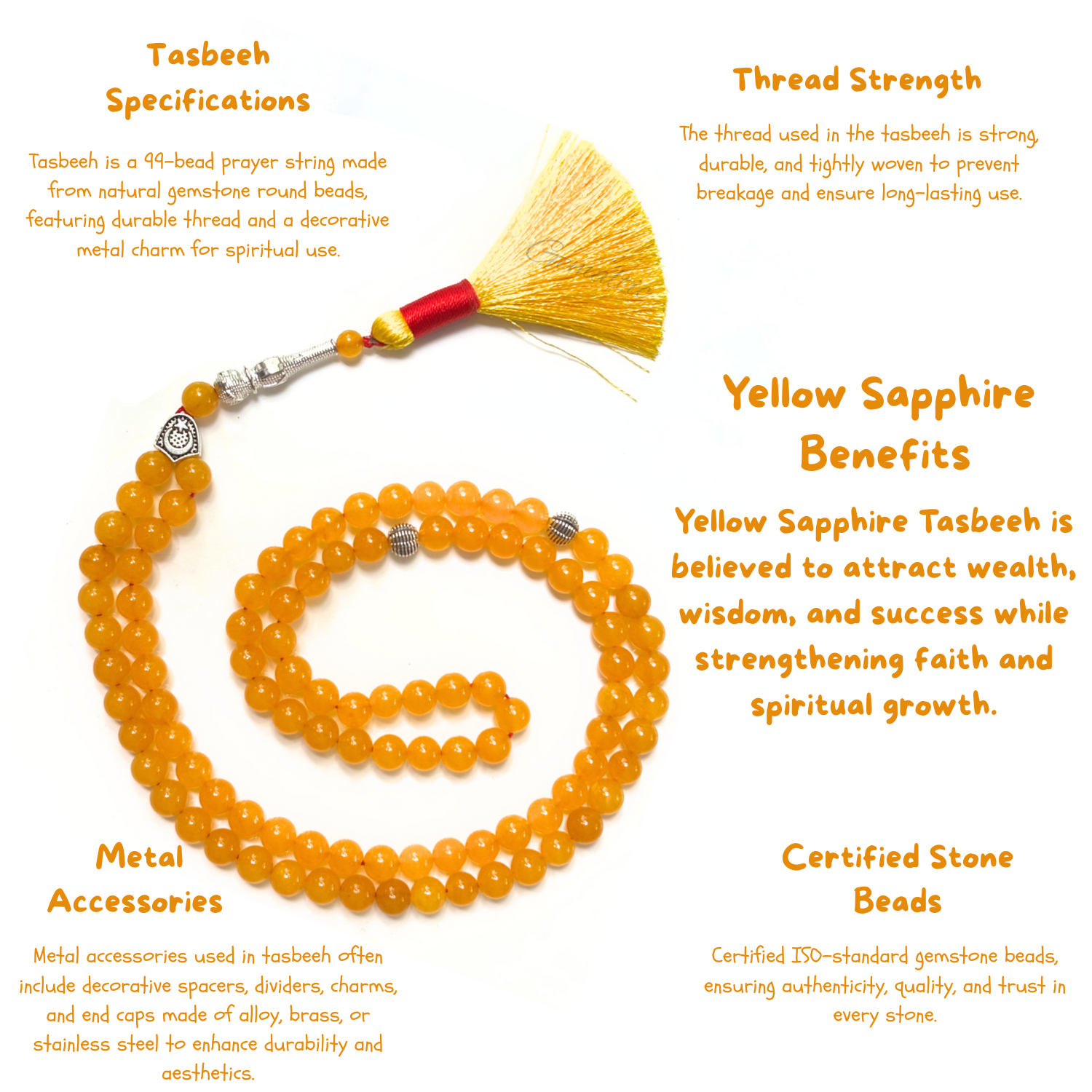 Yellow Sapphire Tasbih 8MM – 99+1 Beads | 100% Natural Certified Handmade Stone Tasbih image 3