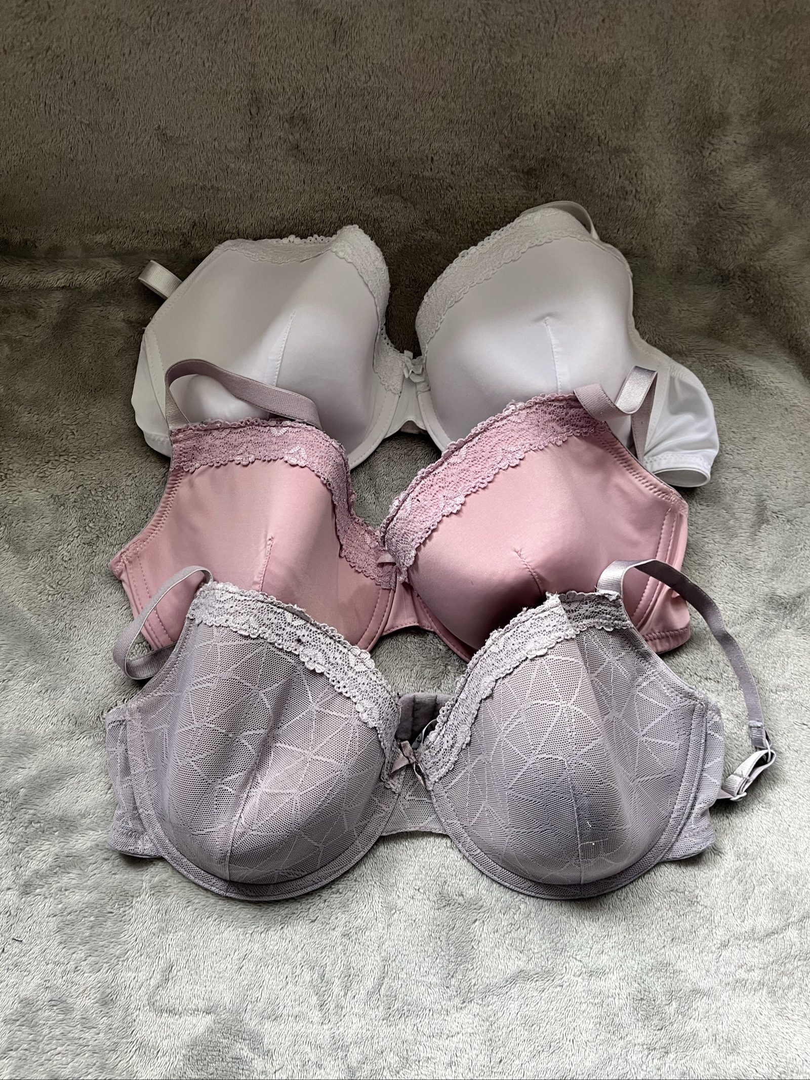 White, Pink & Grey Lace Trim Bra Set UK 38D Polyester Blend