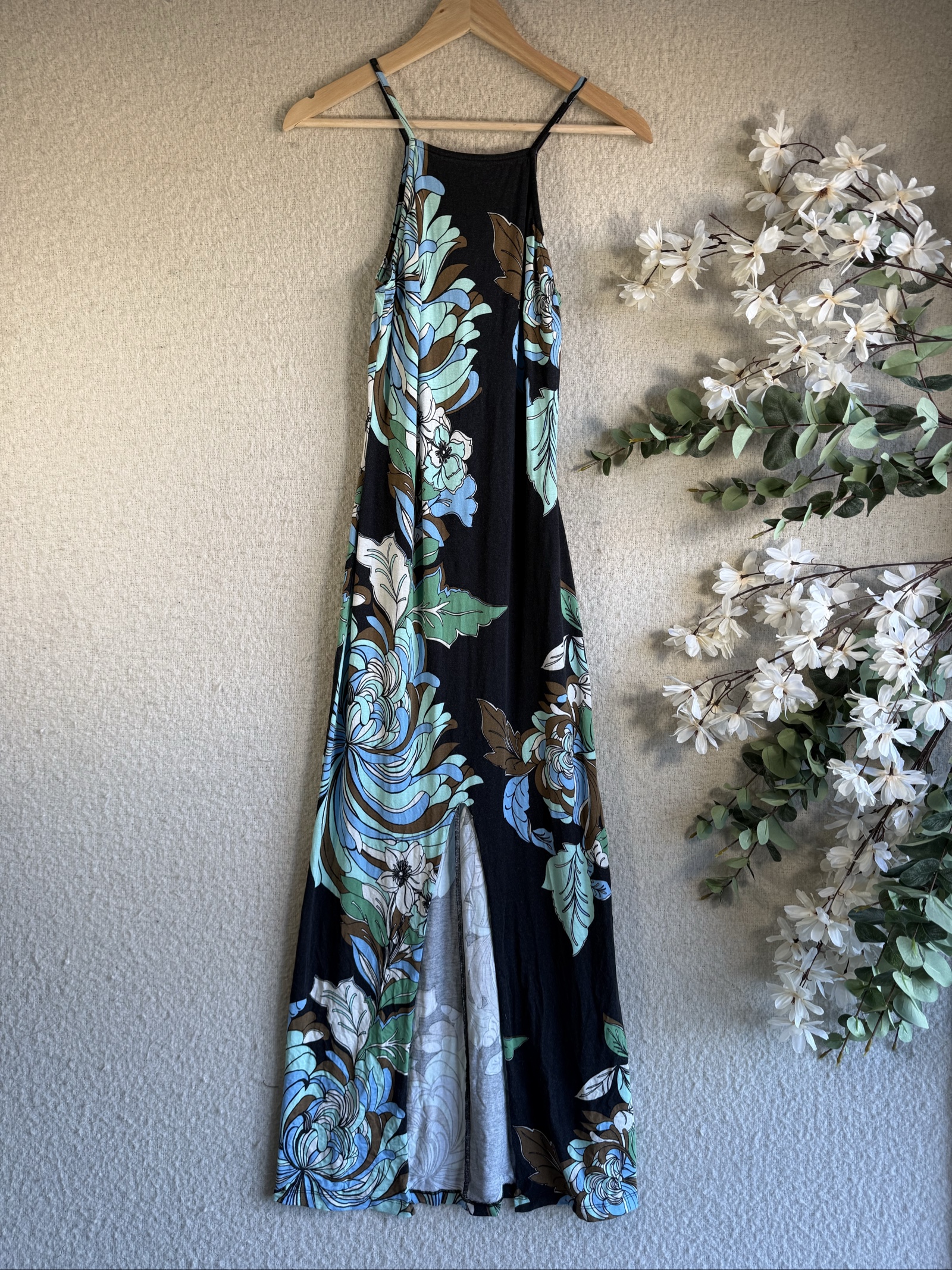 Miss Selfridge Black Blue Floral Maxi Dress UK 12 Summer Boho Occasion