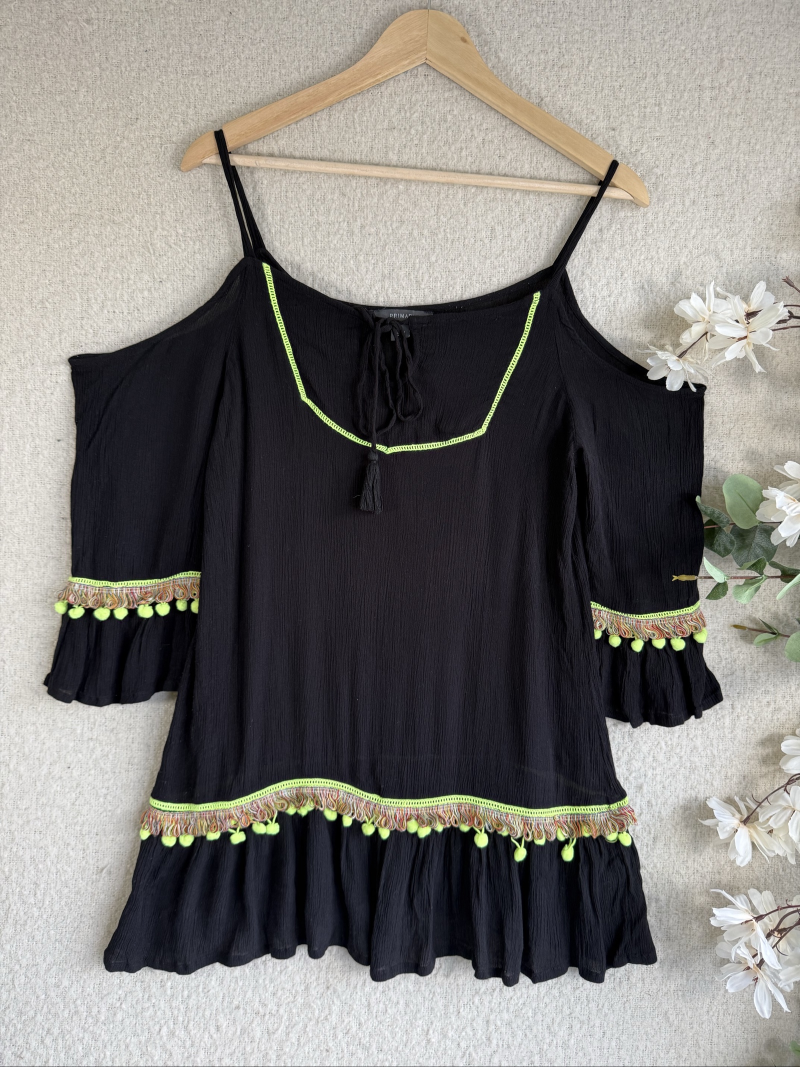 Primark Black Cold Shoulder Tassel Trim Blouse Medium Stylish Casual Top