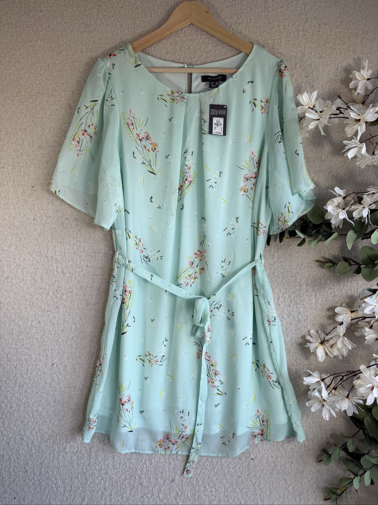 Primark Mint Floral Summer Dress Size 20 Lightweight Tie Waist Casual Occasion