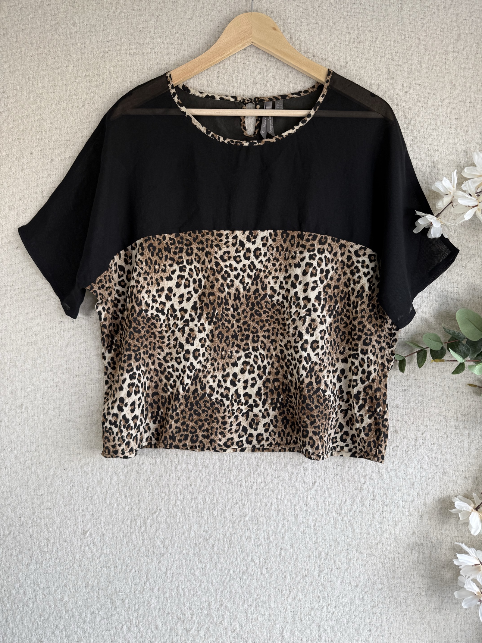 Influence Black & Leopard Print Chiffon Panel Top Large 14 Stylish Casual