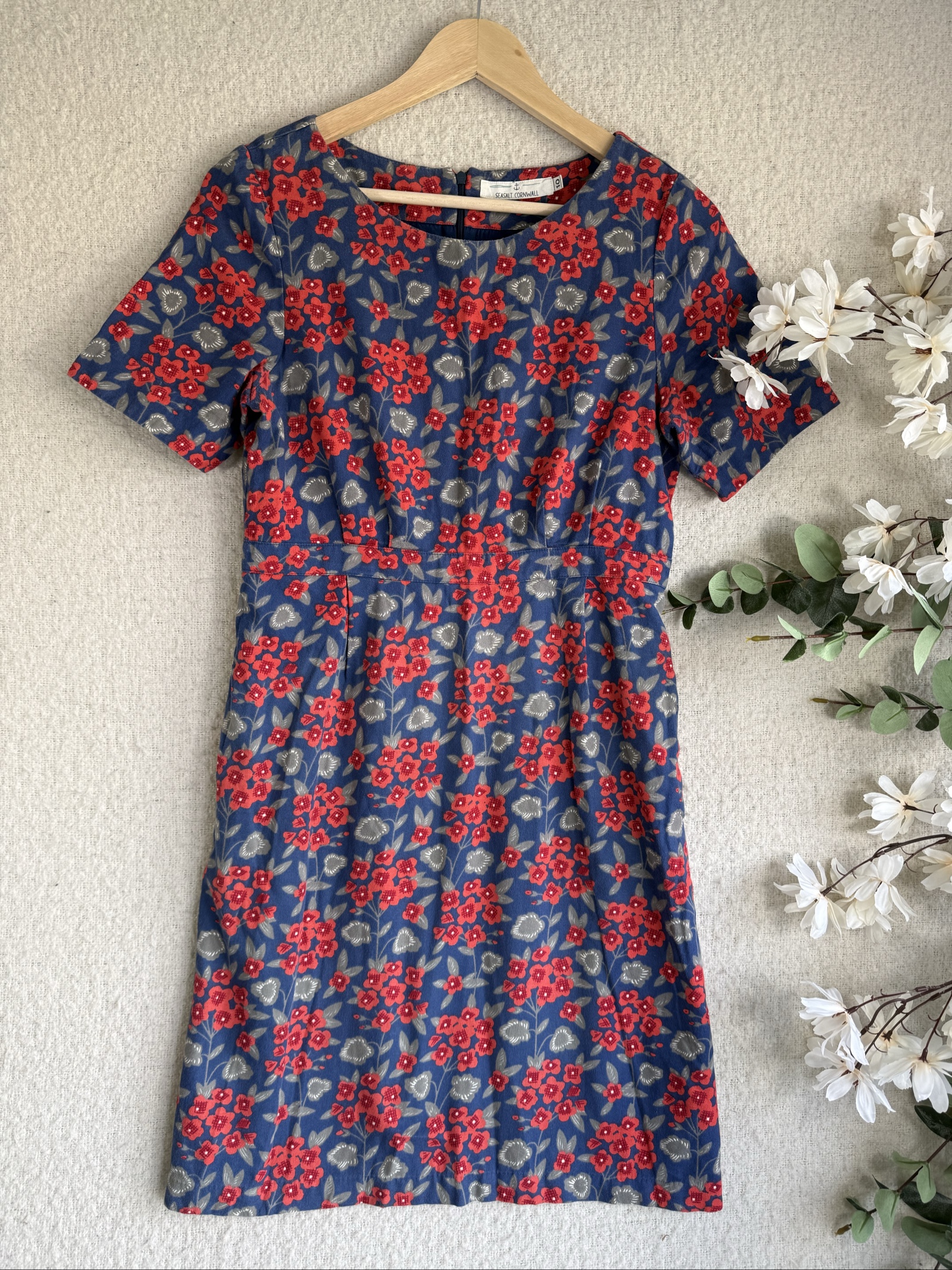Seasalt Cornwall Blue & Red Floral Cotton Dress Size 10 Casual Summer Short Sleeve