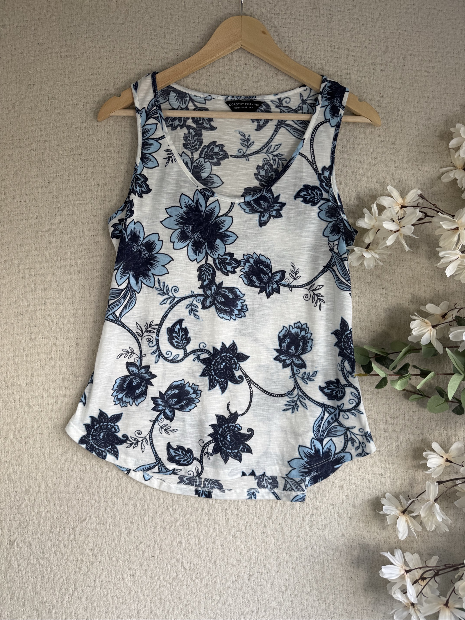 Dorothy Perkins Blue Floral Print Sleeveless Top Size 14 UK 14 Stylish Summer