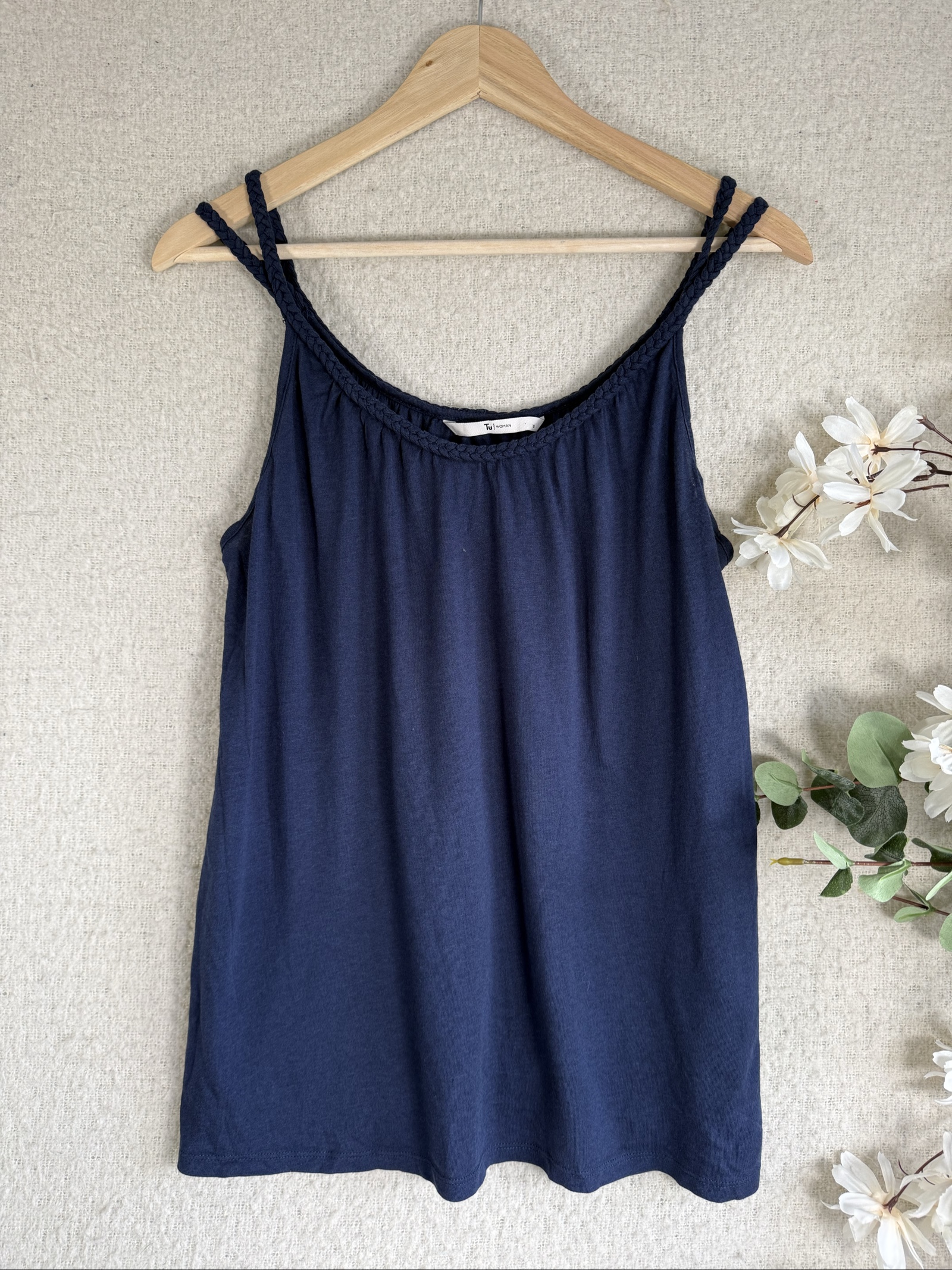 Tu Navy Blue Casual Summer Cami Top Size 12 Braided Straps Comfortable
