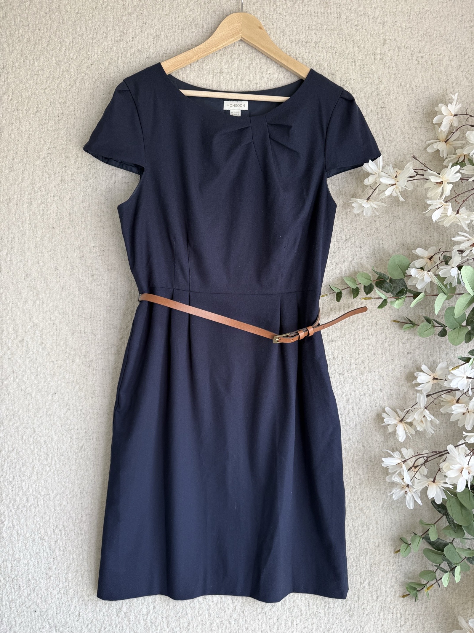 Monsoon Navy Blue Elegant Midi Dress Size 16 Brown Belt Classic Style