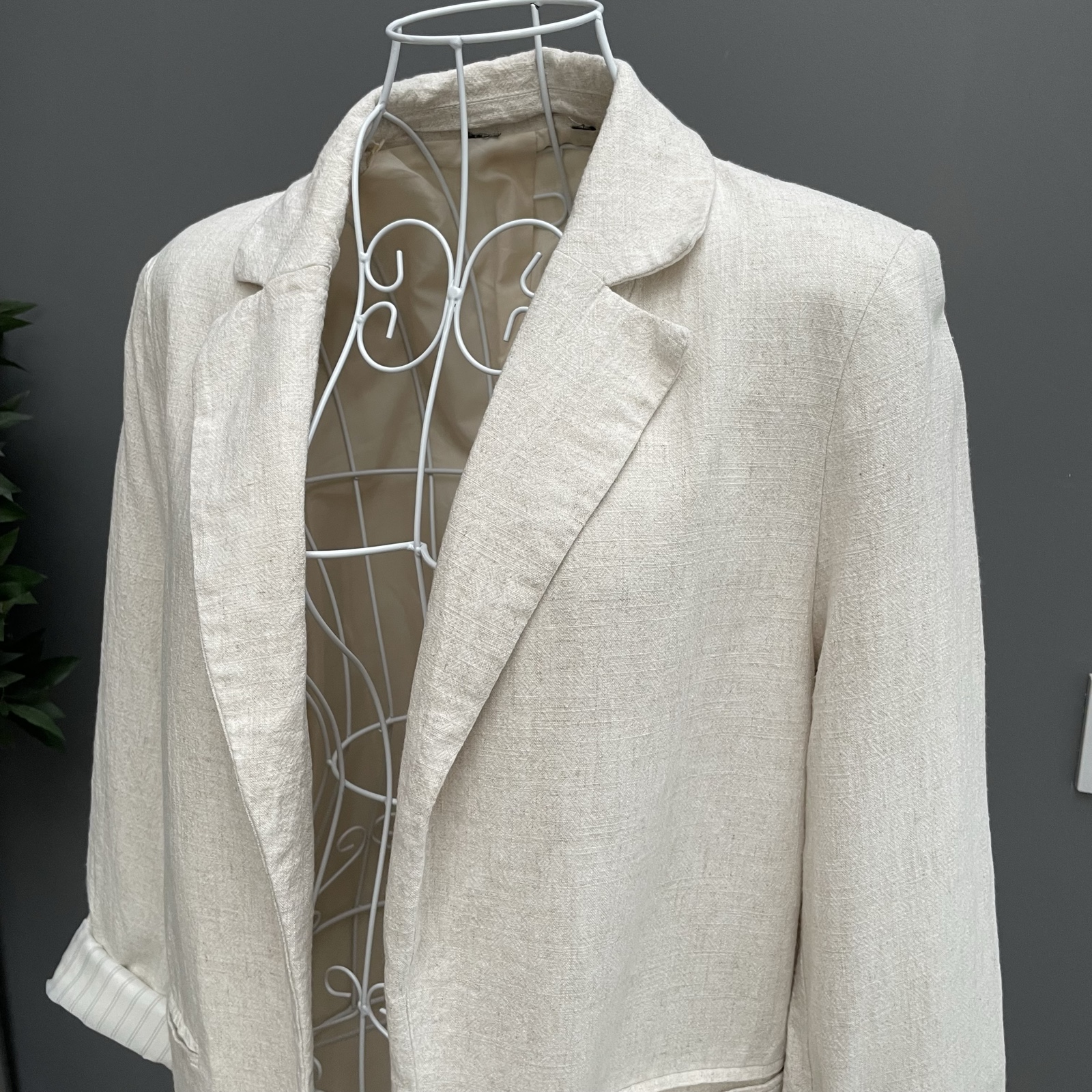 F&F Beige Linen Blend Relaxed Blazer with Striped Cuffs Size 12 image 2