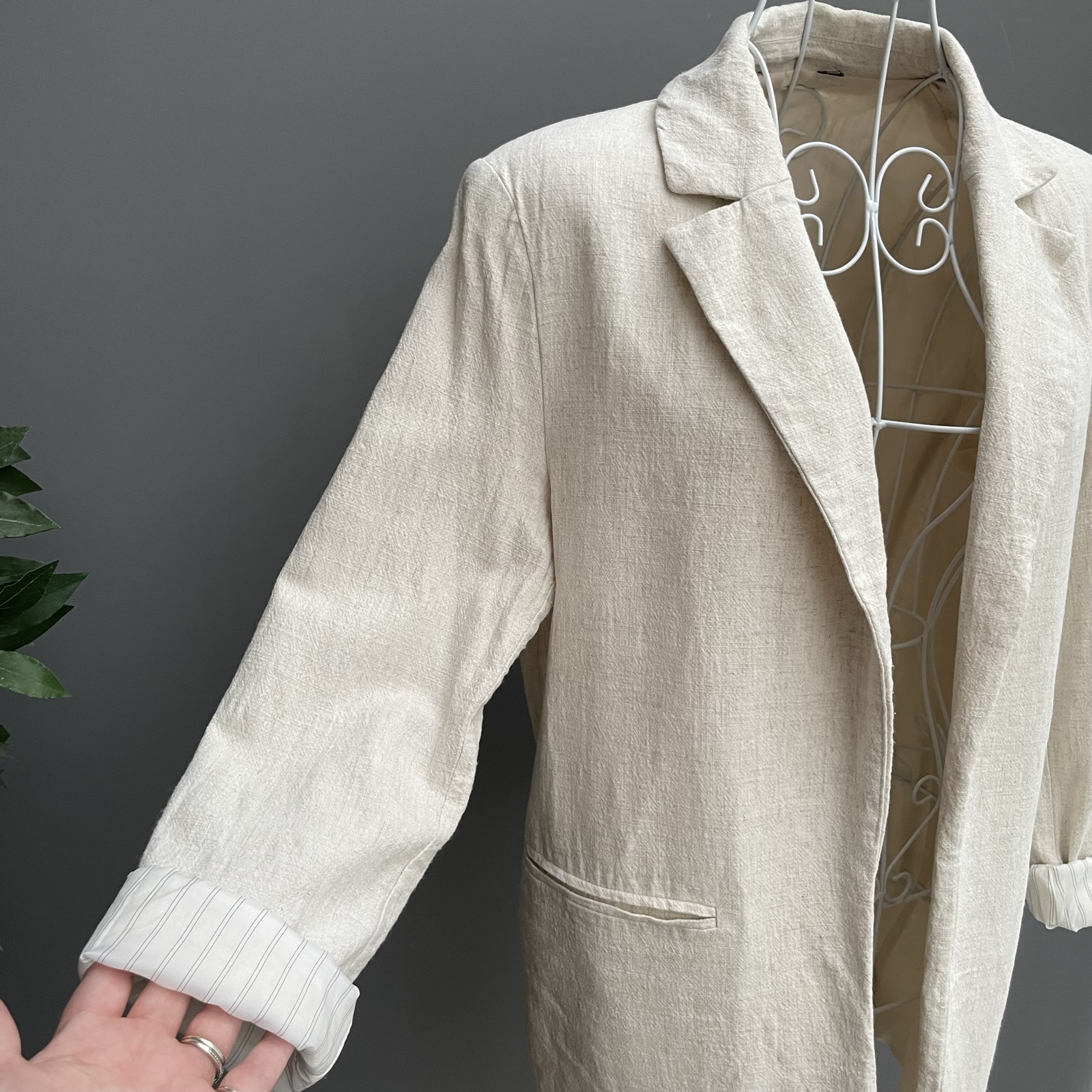 F&F Beige Linen Blend Relaxed Blazer with Striped Cuffs Size 12 image 3