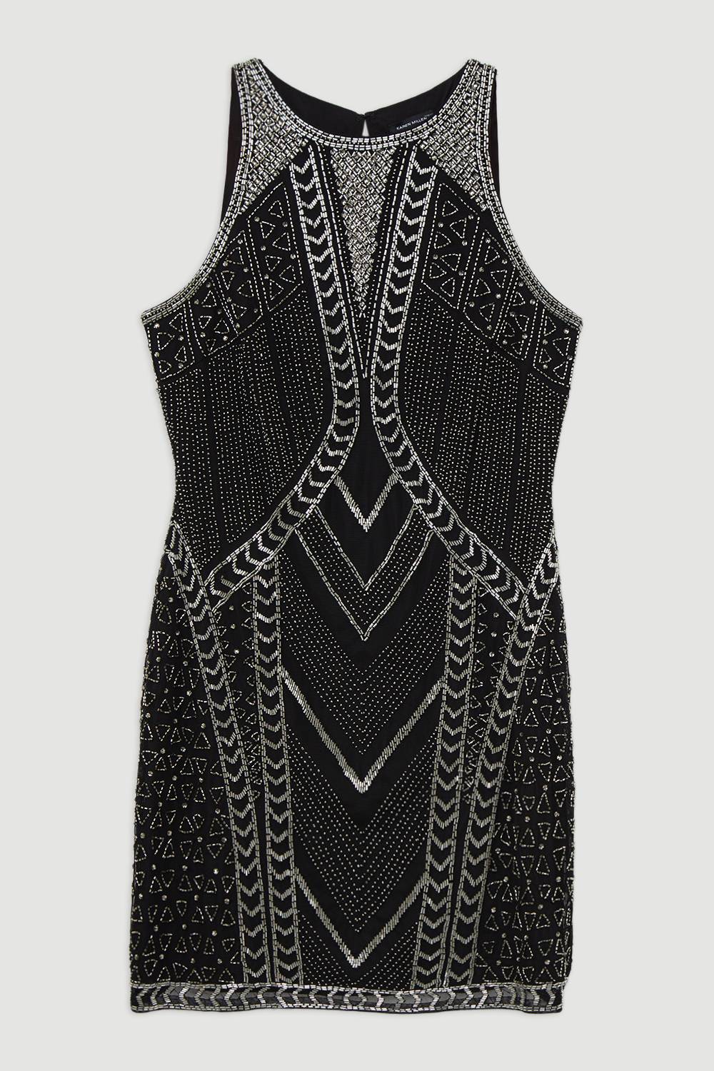 Karen Millen Black & Silver Beaded Mini Dress UK 8