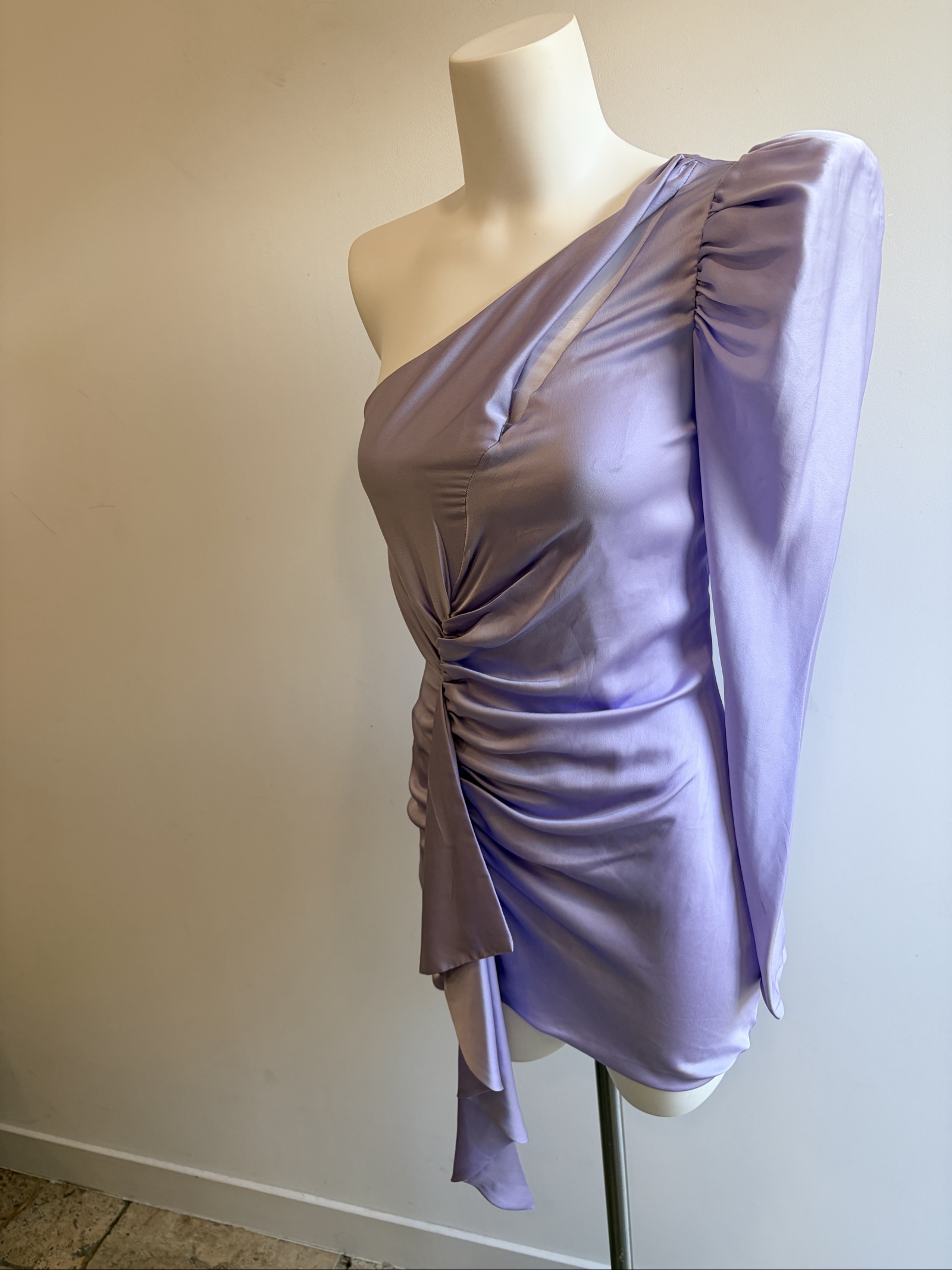 Lavender Satin One-Shoulder Ruched Draped Cocktail Dress with Puff Sleeve - Elegant Evening Gown