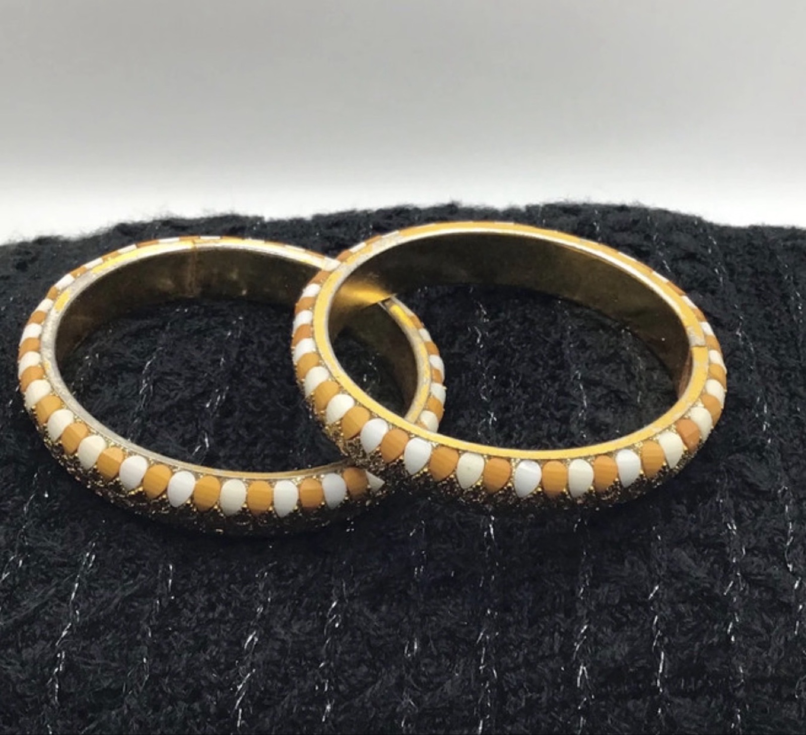 Gold Tone White & Yellow Enamel Patterned Bangles Pair