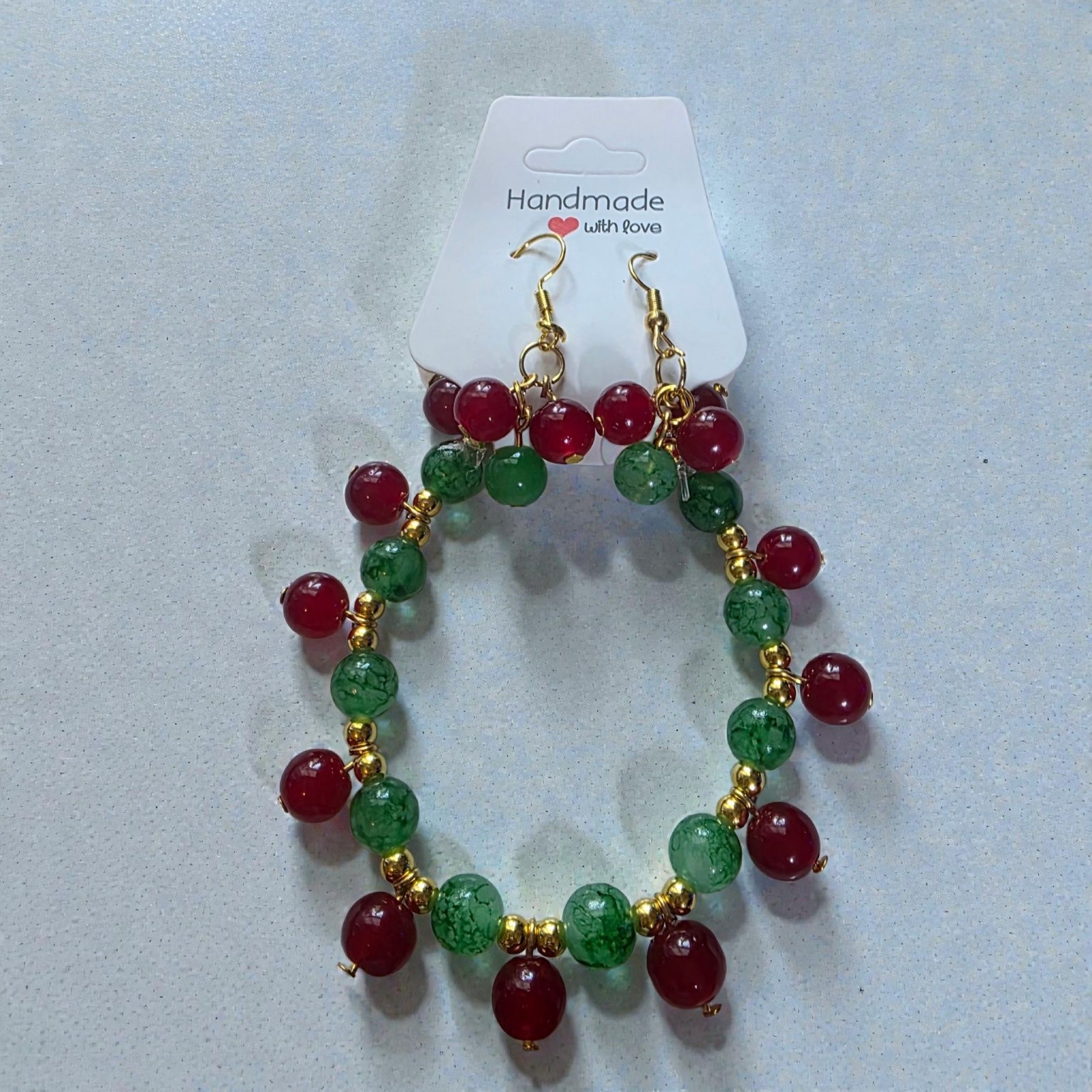 Handmade Red & Green Beaded Earrings and Bracelet Set