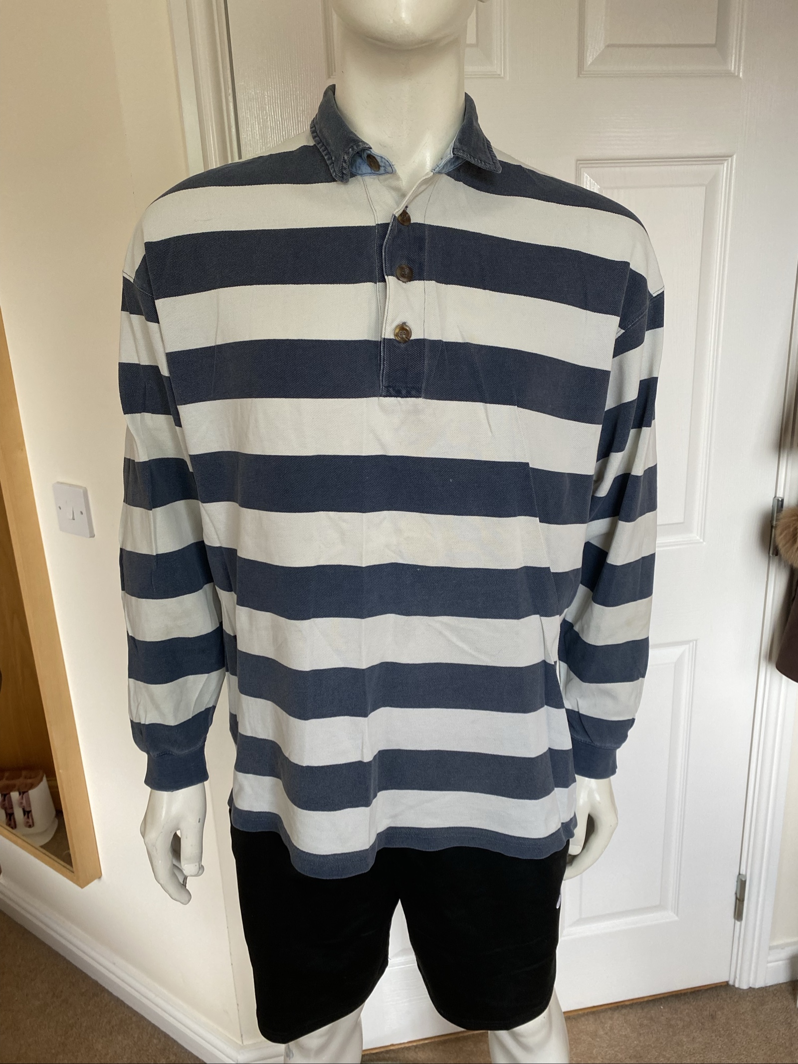 Marks & Spencer Navy & White Striped Rugby LS Polo Shirt - Size Large