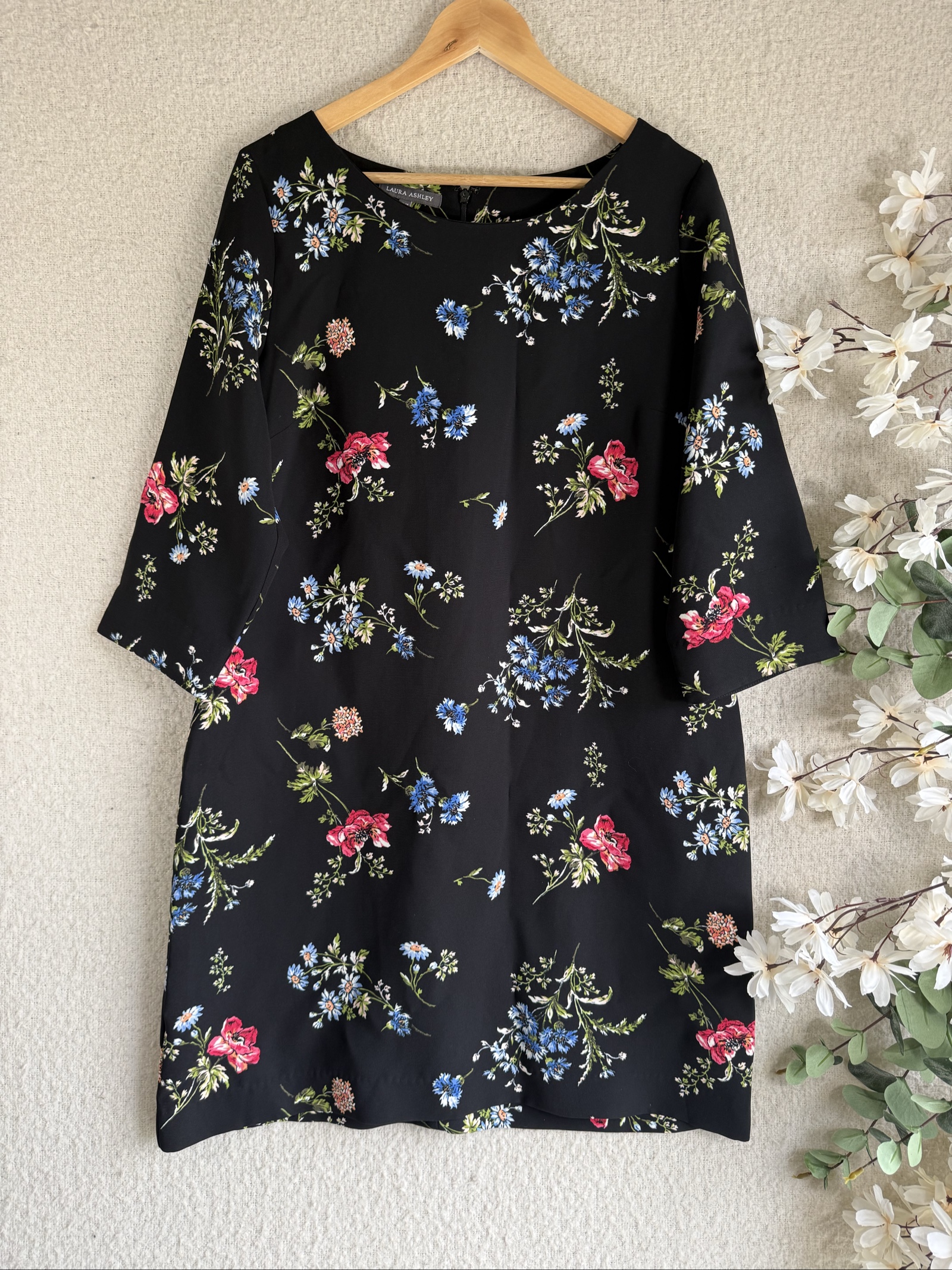 Laura Ashley Black Floral Occasion Shift Dress UK 16 Elegant Classic Dress