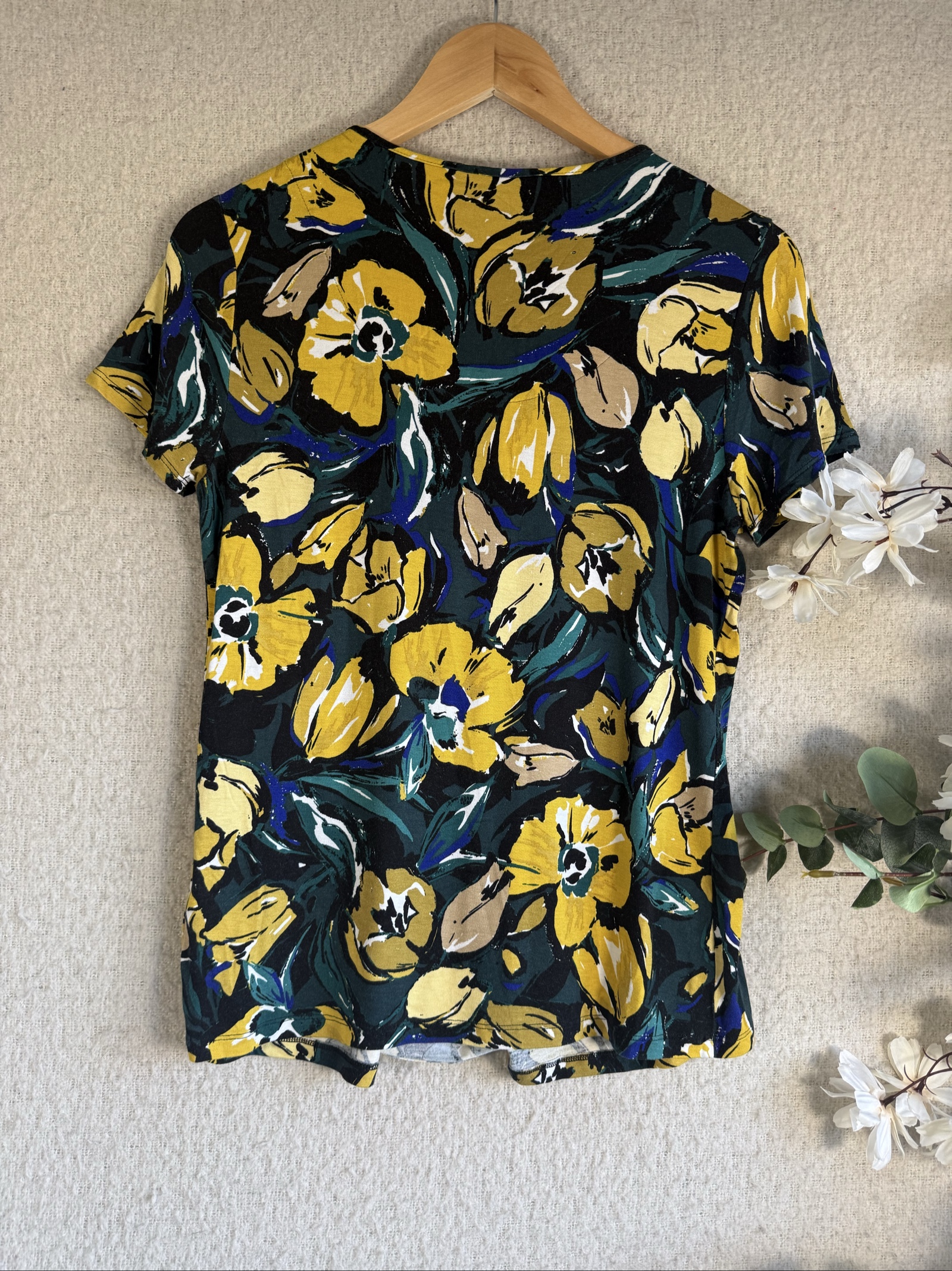 M&S Green Mix Floral Print Tee Top Size 10 Stylish Casual Summer Shirt