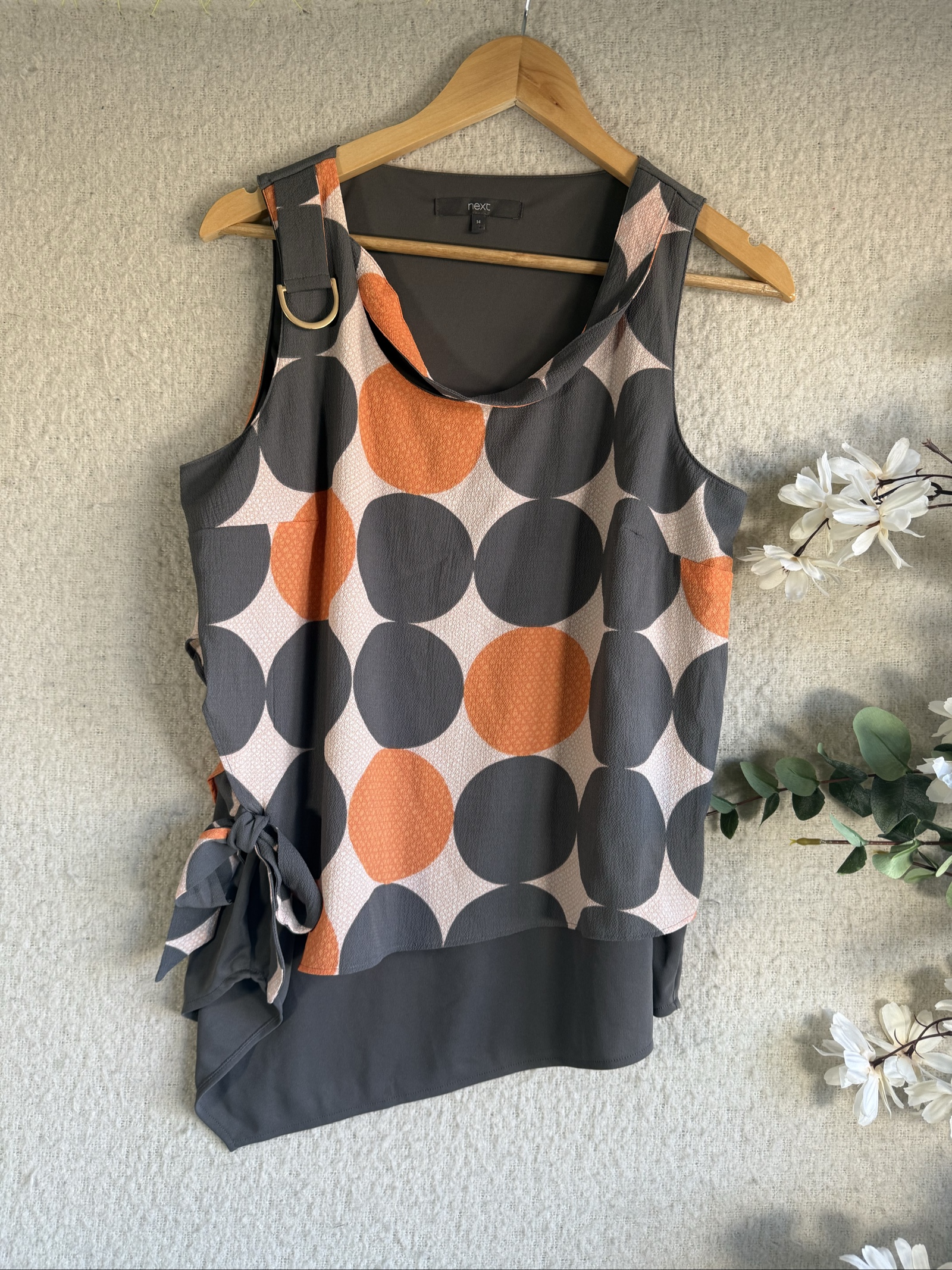 Next Charcoal & Orange Polka Dot Sleeveless Top Size 14 Stylish Casual Summer
