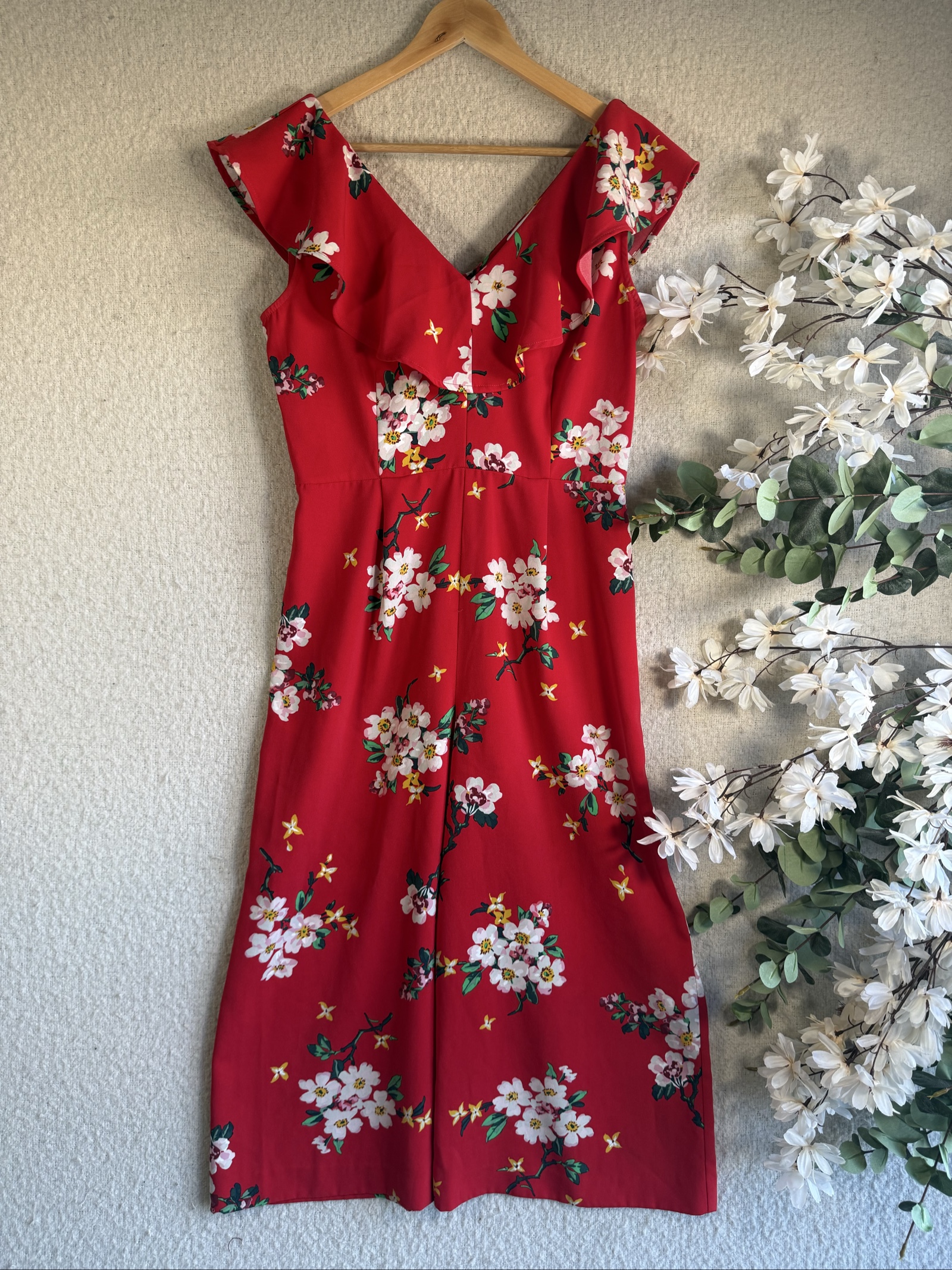 Warehouse Red Floral Print Midi Dress Size 12 V-Neck Ruffle Sleeve Summer