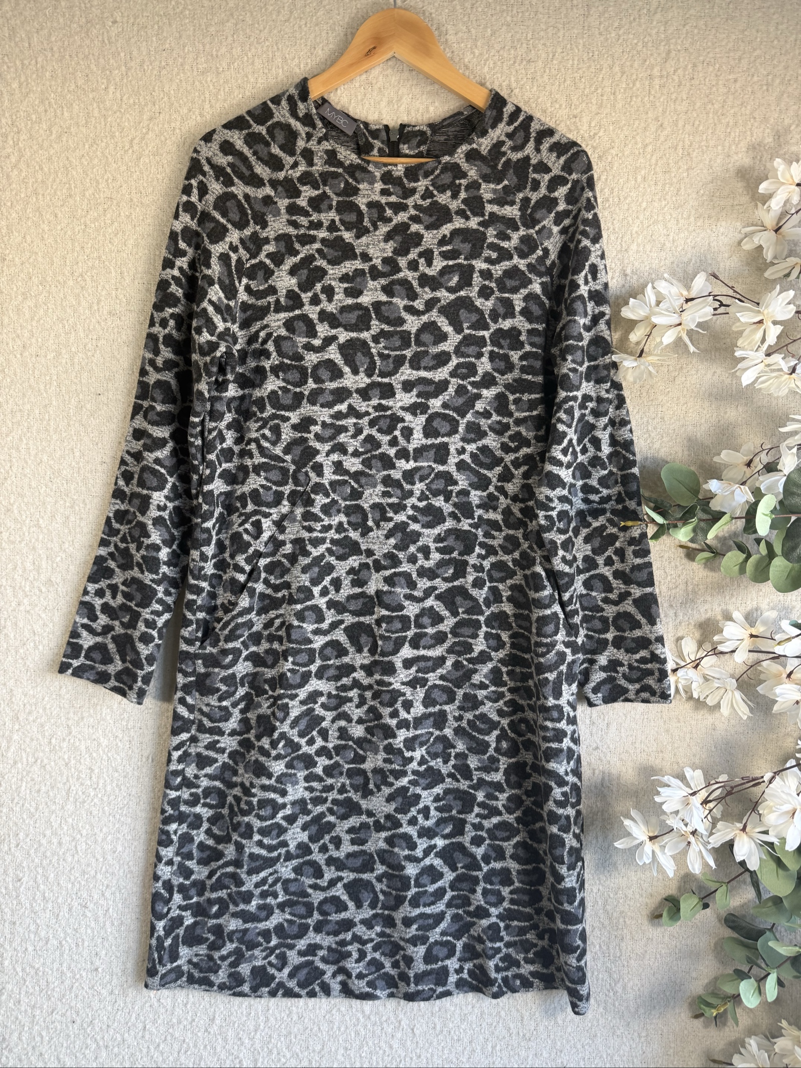 MYBC Grey & Black Leopard Print Long Sleeve Dress Size 16 Elegant Casual