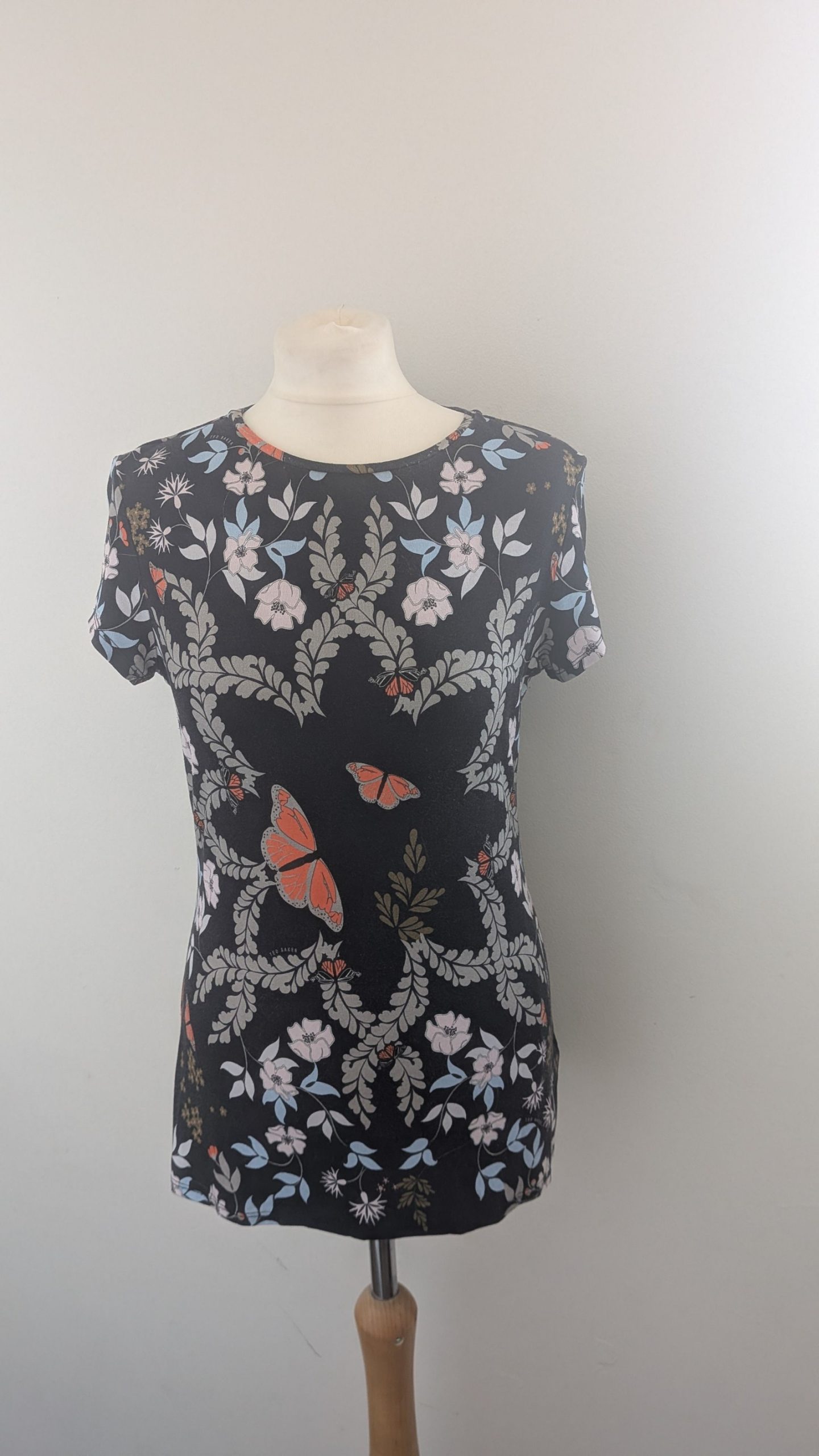 Ted Baker Black Floral Butterfly Print Top UK 10 Viscose Blend