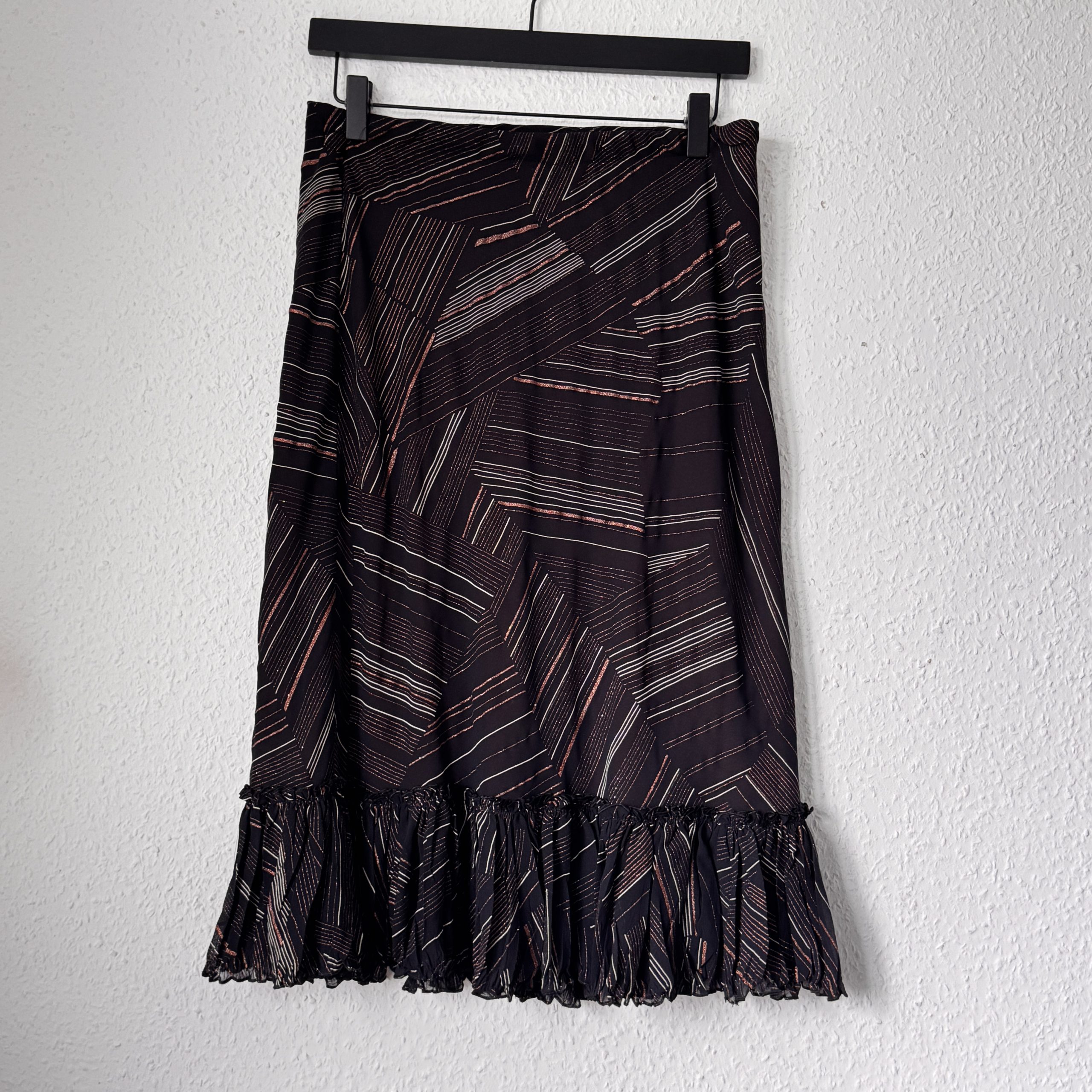 MNG Black & Brown Striped Midi Skirt M with Frill Hem 2622