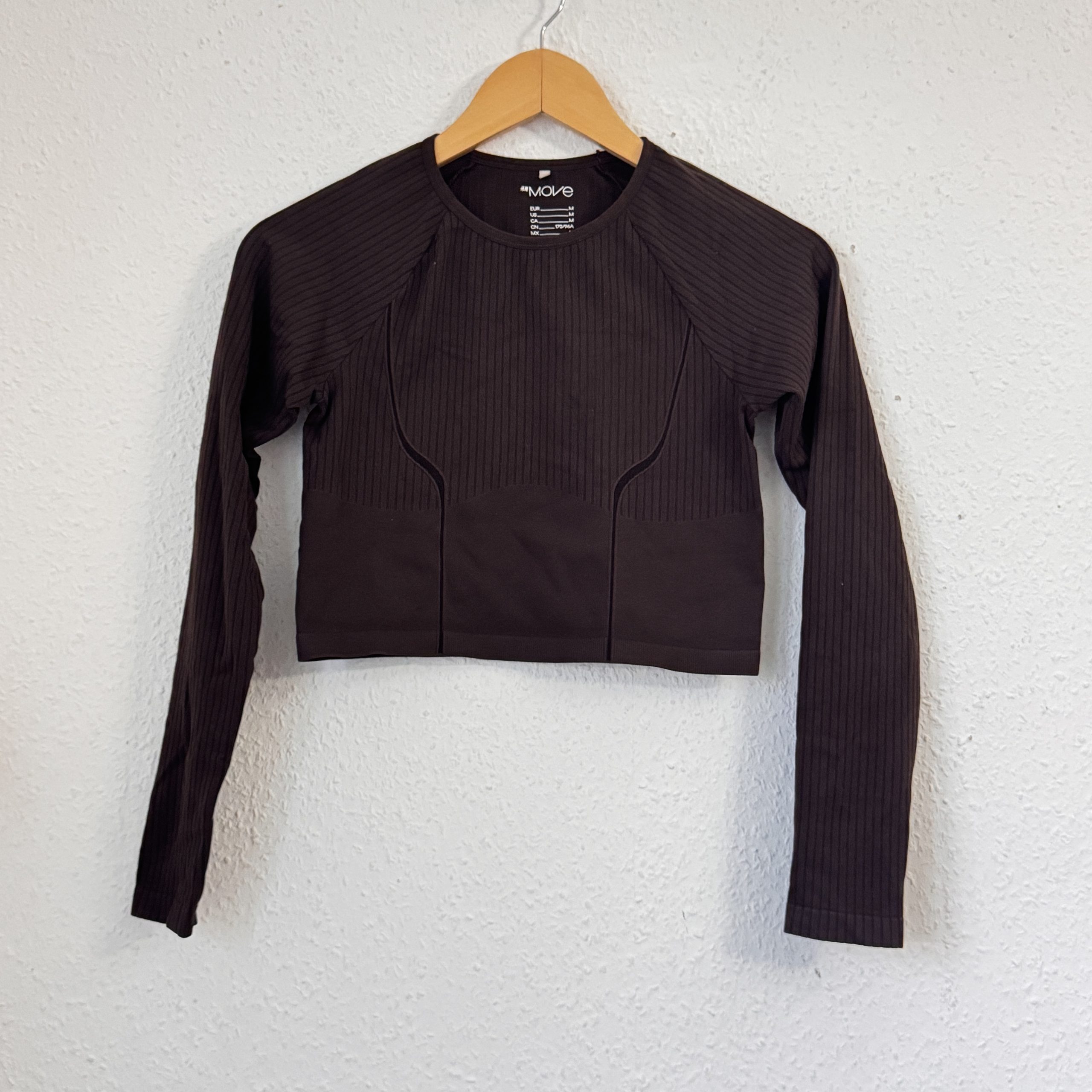 H&M Move Dark Brown Ribbed Crop Top Long Sleeve M 2632