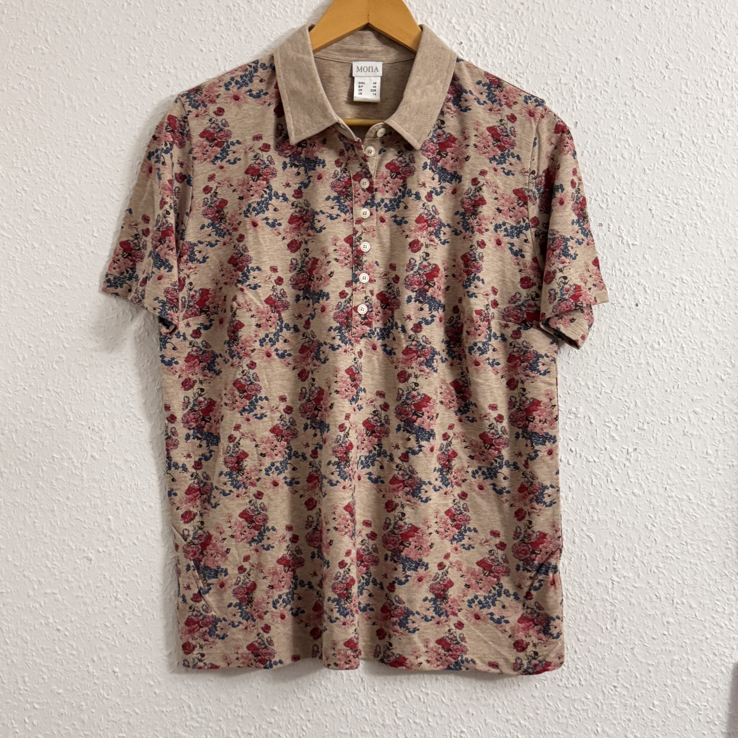 Mona Beige Floral Print Polo Shirt Size S Cotton Blend 2641