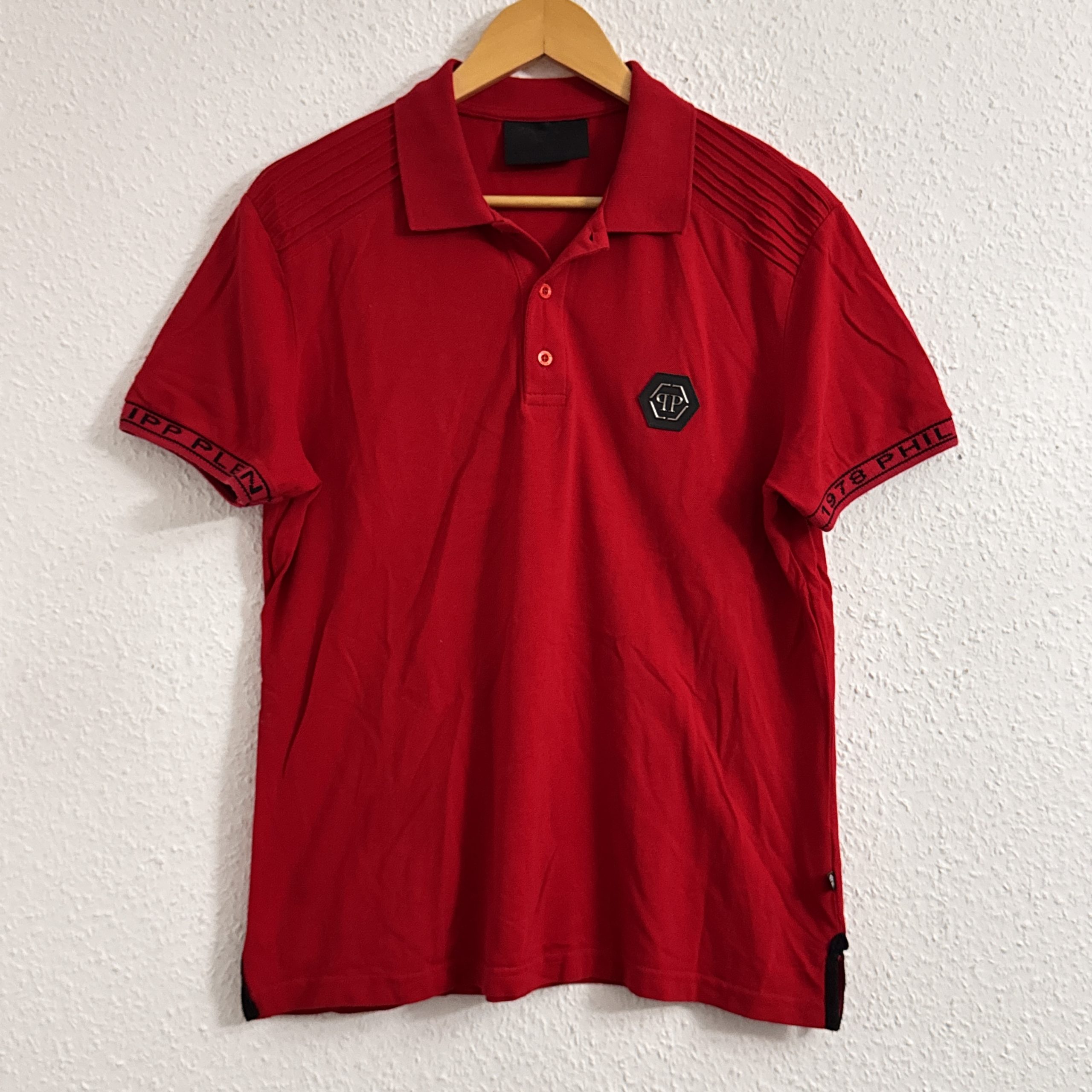 Philipp Plein Red Polo Shirt XL Hex Logo 1978 Cuffs 2643